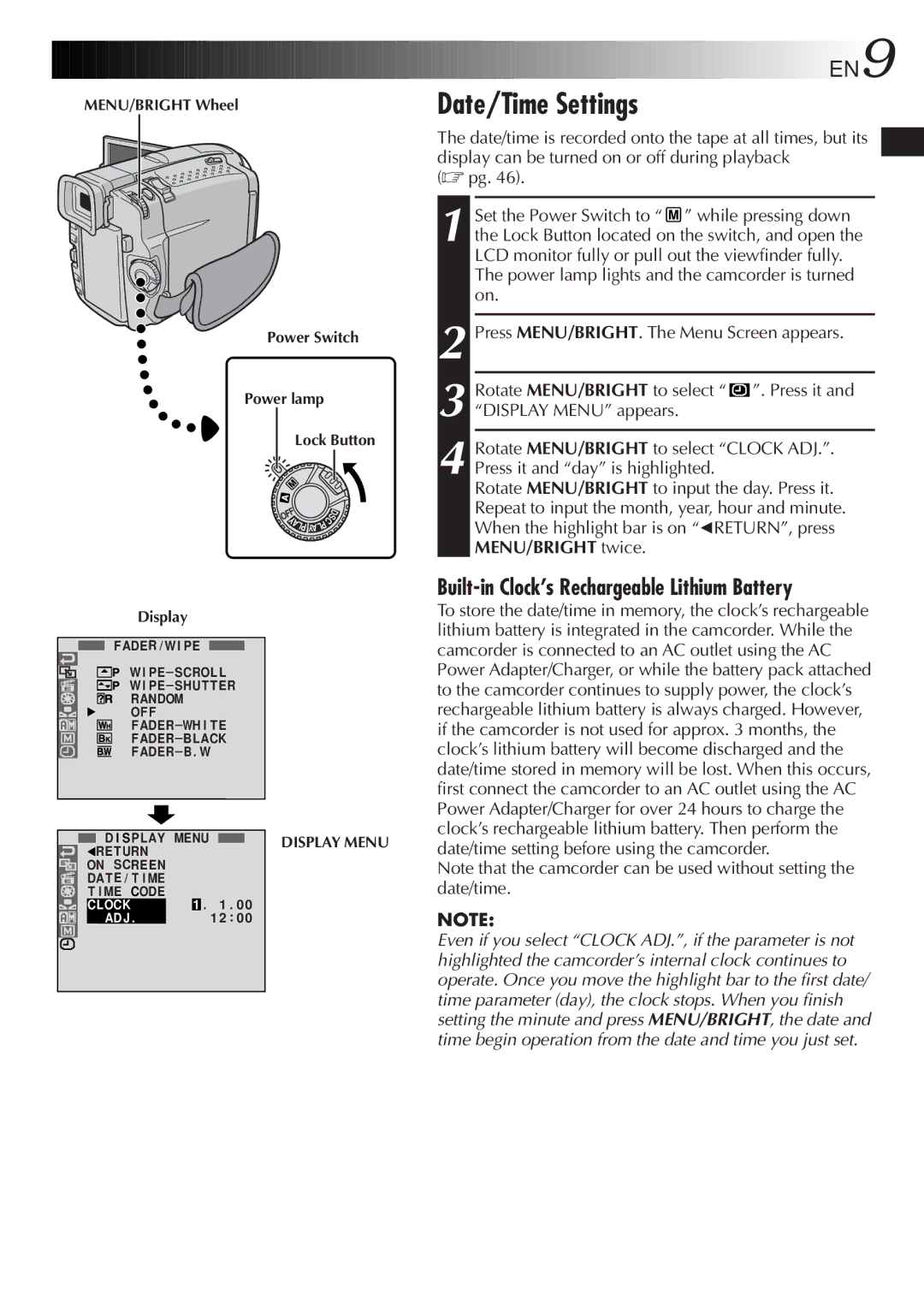 JVC GR-DVL9800 specifications Date/Time Settings, EN9, Built-in Clock’s Rechargeable Lithium Battery, Display 