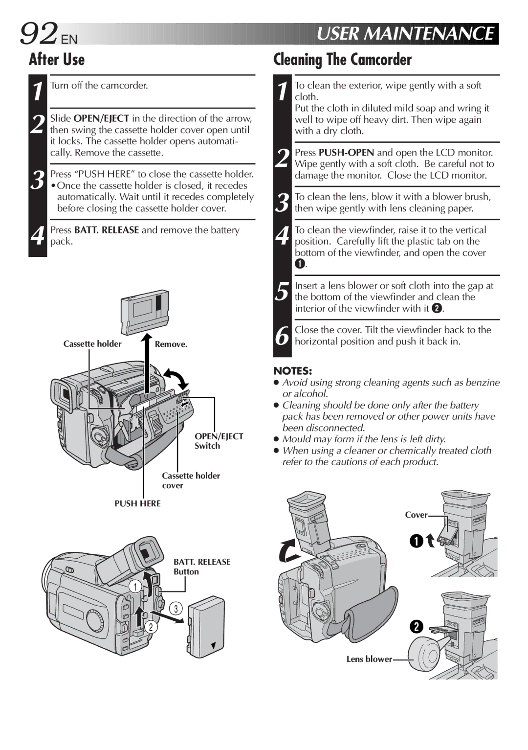 JVC GR-DVL9800 EN User Maintenance, After Use, Cleaning The Camcorder, Press BATT. Release and remove the battery pack 