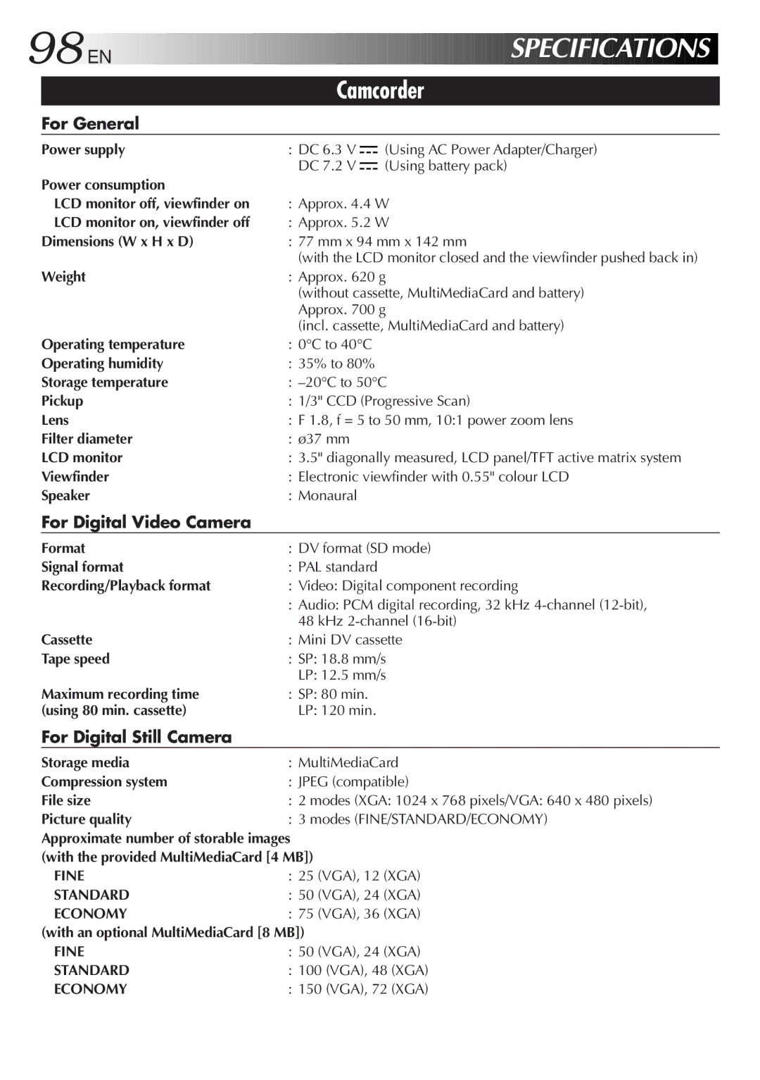 JVC GR-DVL9800 specifications 98 EN, Specifications, Camcorder 