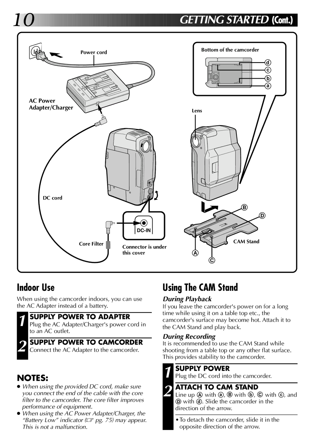 JVC GR-DVM1 manual Indoor Use, Using The CAM Stand, Supply Power, Attach to CAM Stand, Plug the DC cord into the camcorder 