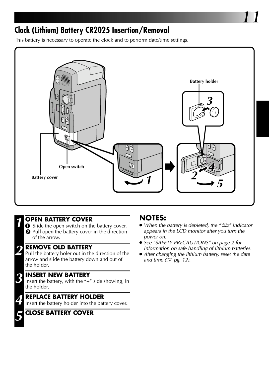 JVC GR-DVM1 Clock Lithium Battery CR2025 Insertion/Removal, Remove OLD Battery, Insert NEW Battery, Replace Battery Holder 