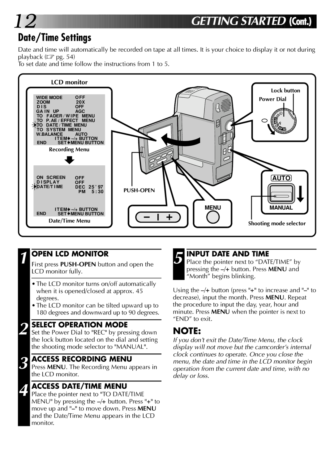 JVC GR-DVM1 manual Date/Time Settings, Open LCD Monitor, Select Operation Mode, Access Recording Menu, Input Date and Time 