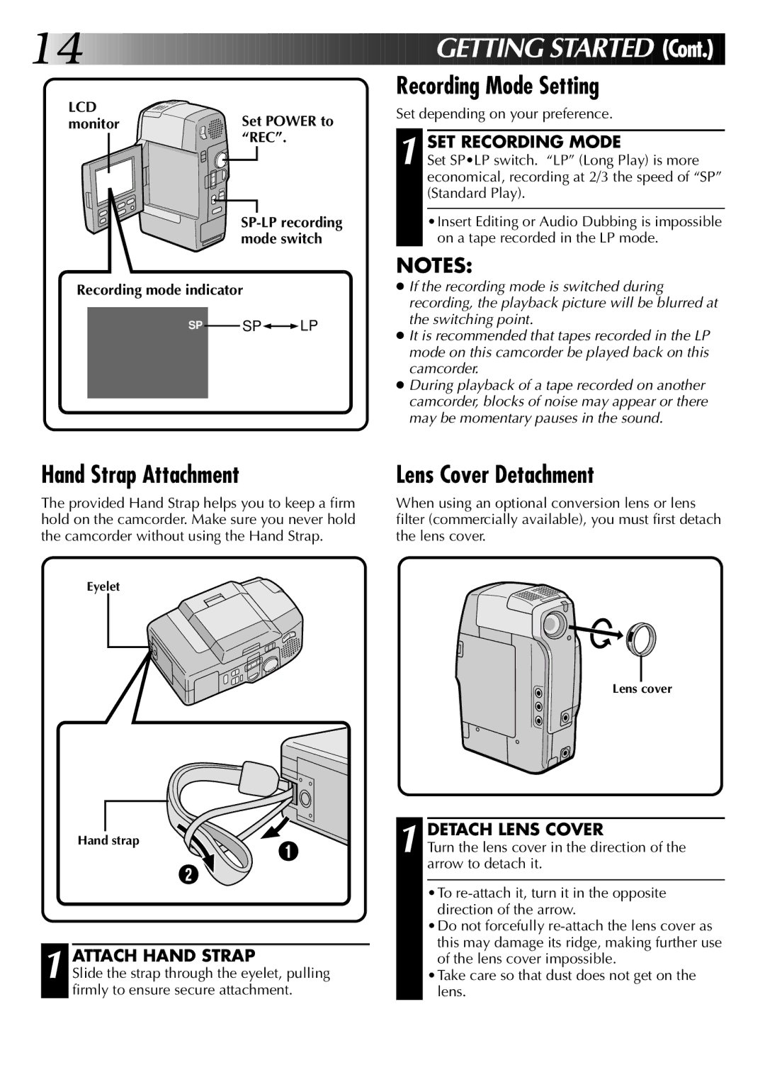 JVC GR-DVM1 manual Recording Mode Setting, Hand Strap Attachment, Lens Cover Detachment 