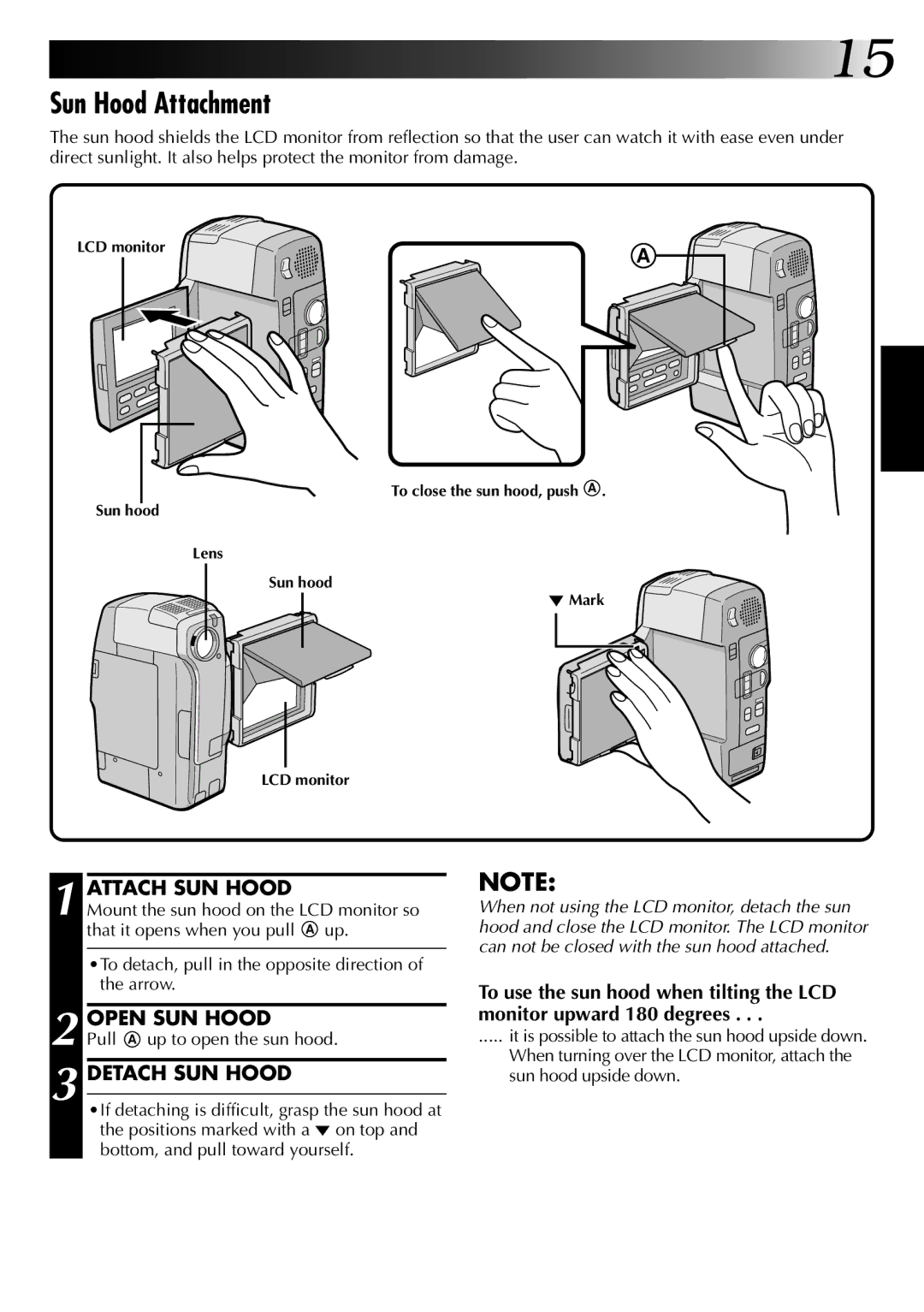 JVC GR-DVM1 manual Sun Hood Attachment, Attach SUN Hood, Open SUN Hood, Detach SUN Hood, Pull a up to open the sun hood 