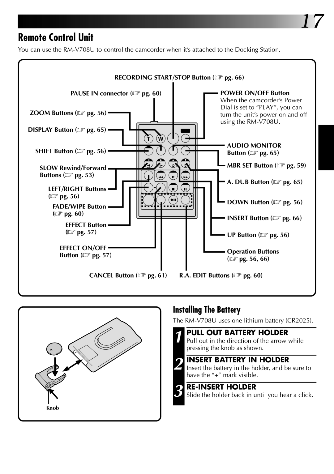 JVC GR-DVM1 manual Remote Control Unit, Installing The Battery, RE-INSERT Holder 