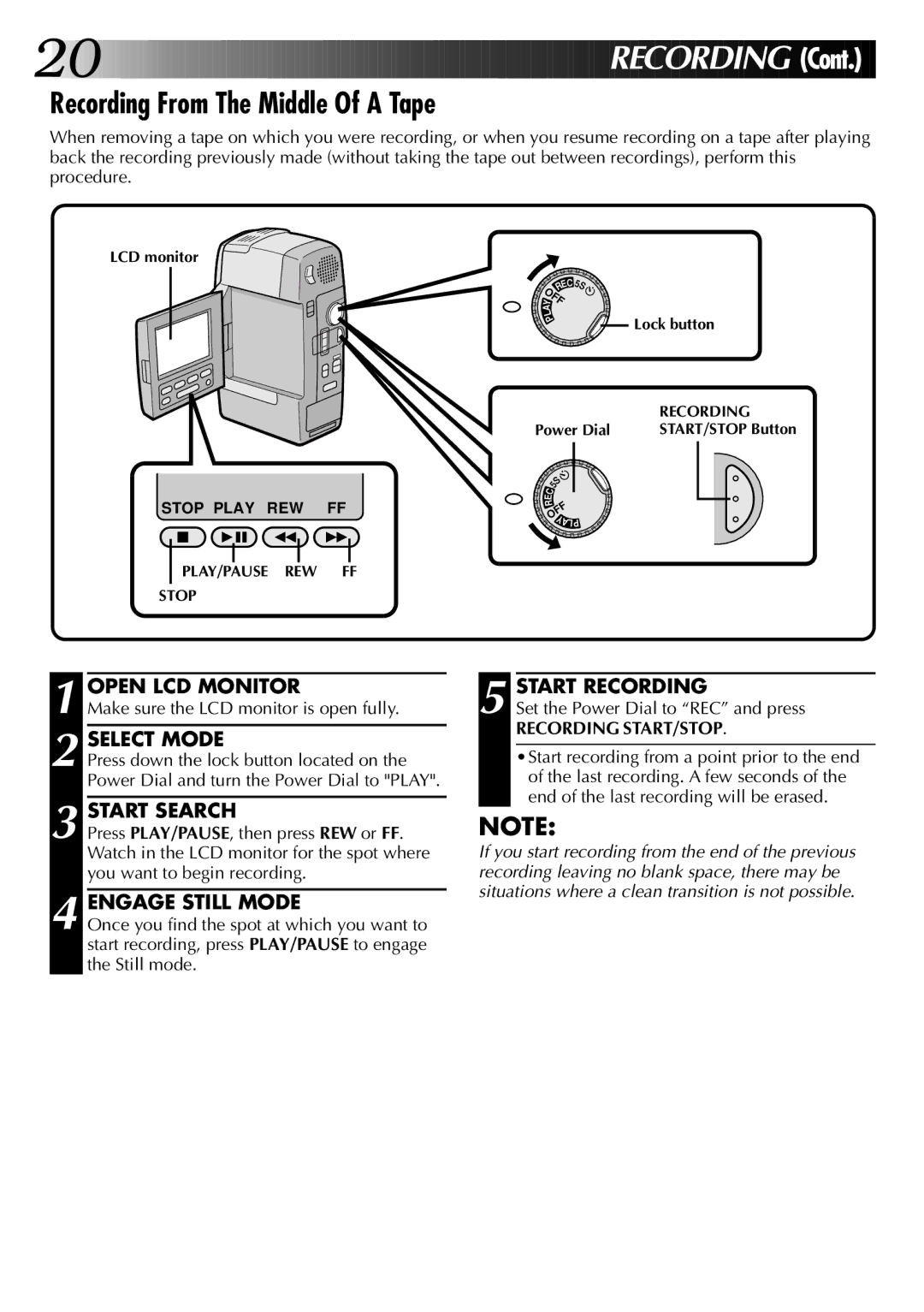 JVC GR-DVM1 manual Recording From The Middle Of a Tape, Select Mode, Start Search, Engage Still Mode 