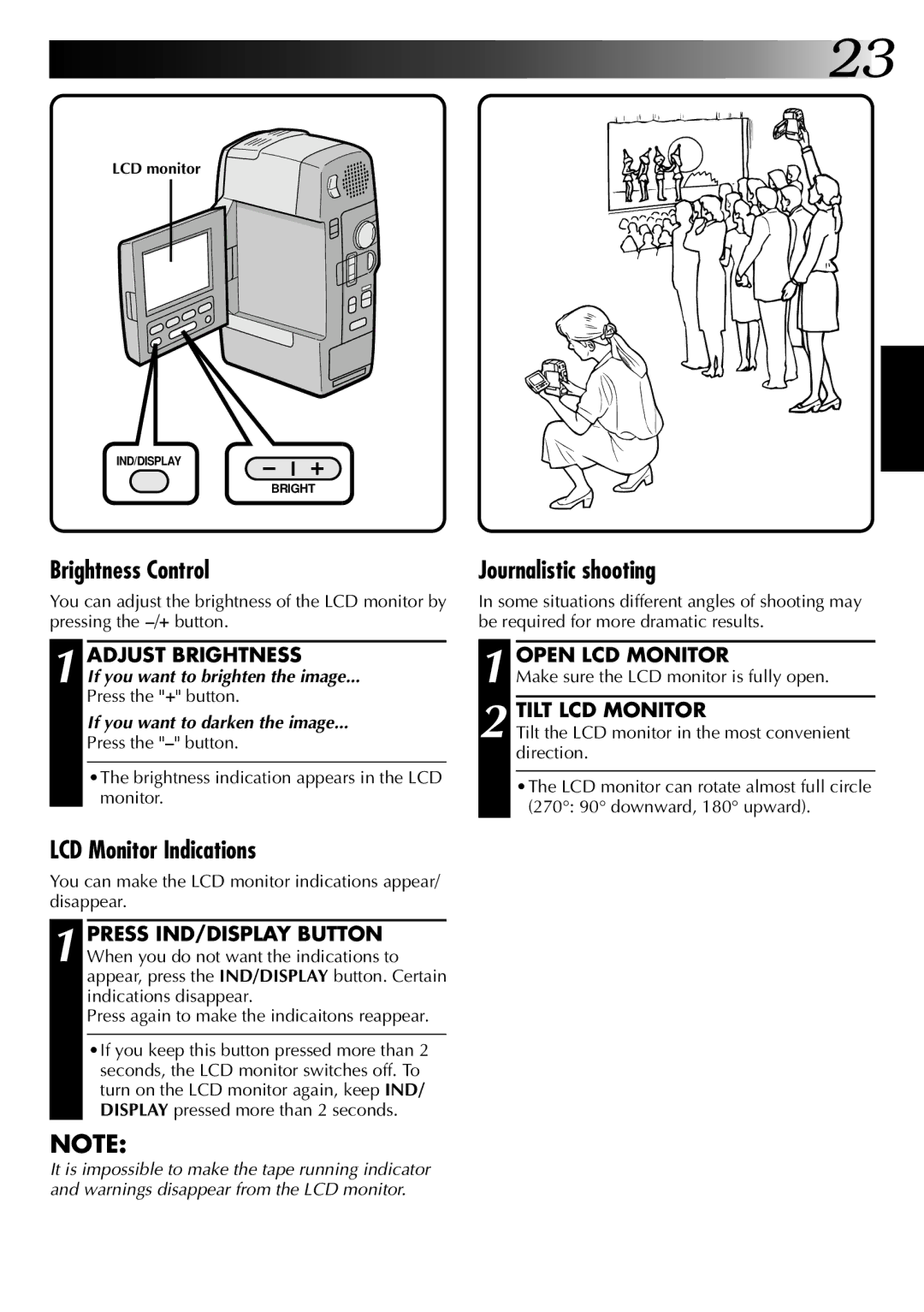 JVC GR-DVM1 manual LCD Monitor Indications, Adjust Brightness, Tilt LCD Monitor 