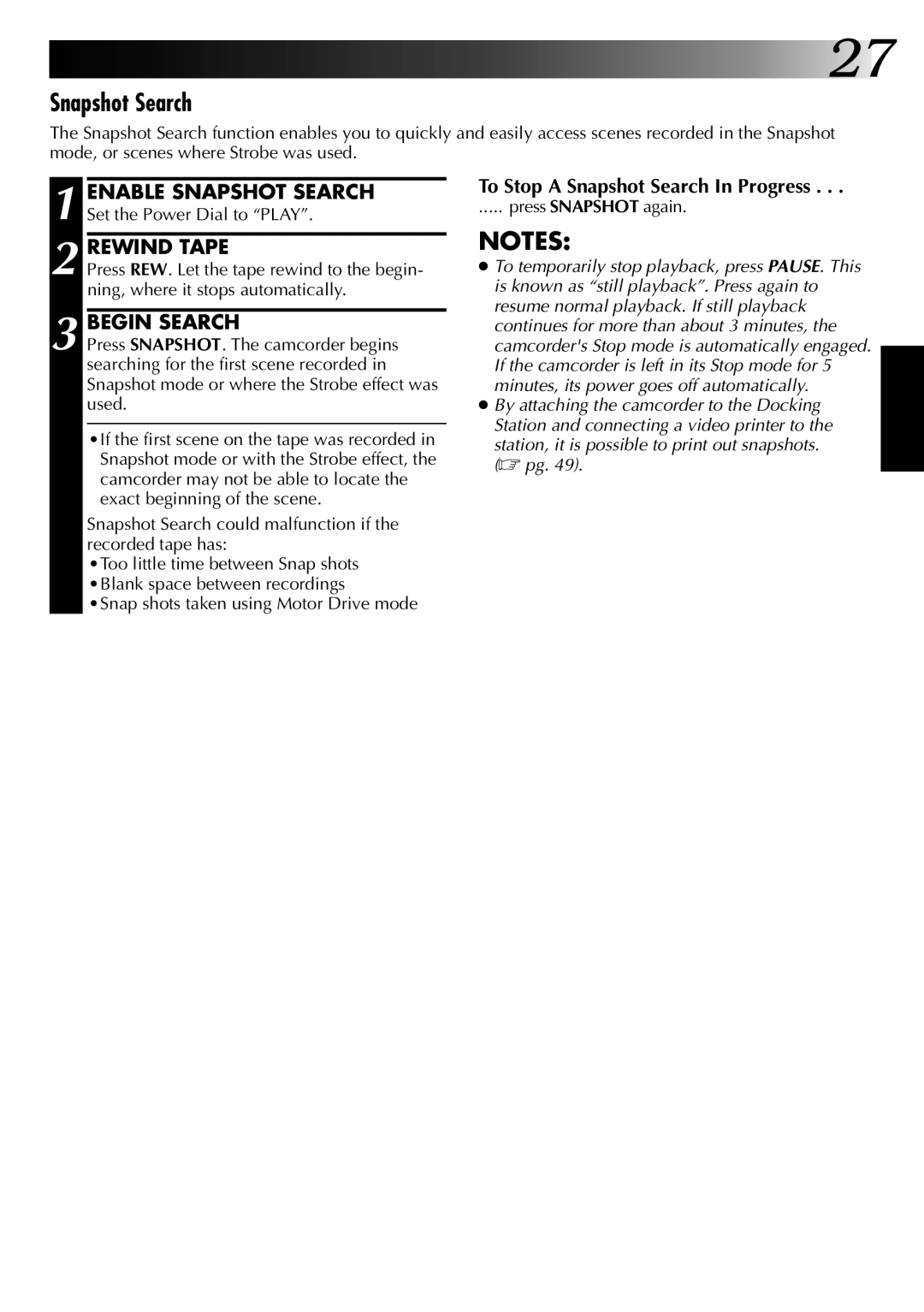 JVC GR-DVM1 manual Rewind Tape, Begin Search, To Stop a Snapshot Search In Progress, Press Snapshot again 