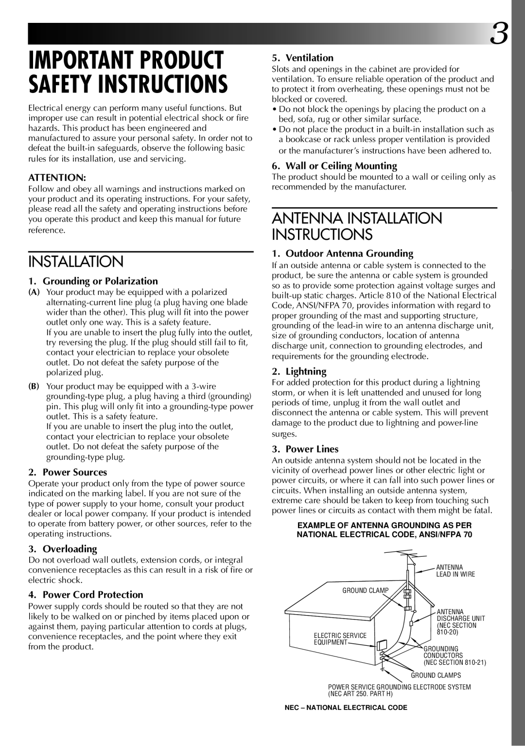 JVC GR-DVM1 manual Grounding or Polarization, Power Sources, Overloading, Power Cord Protection, Ventilation, Lightning 