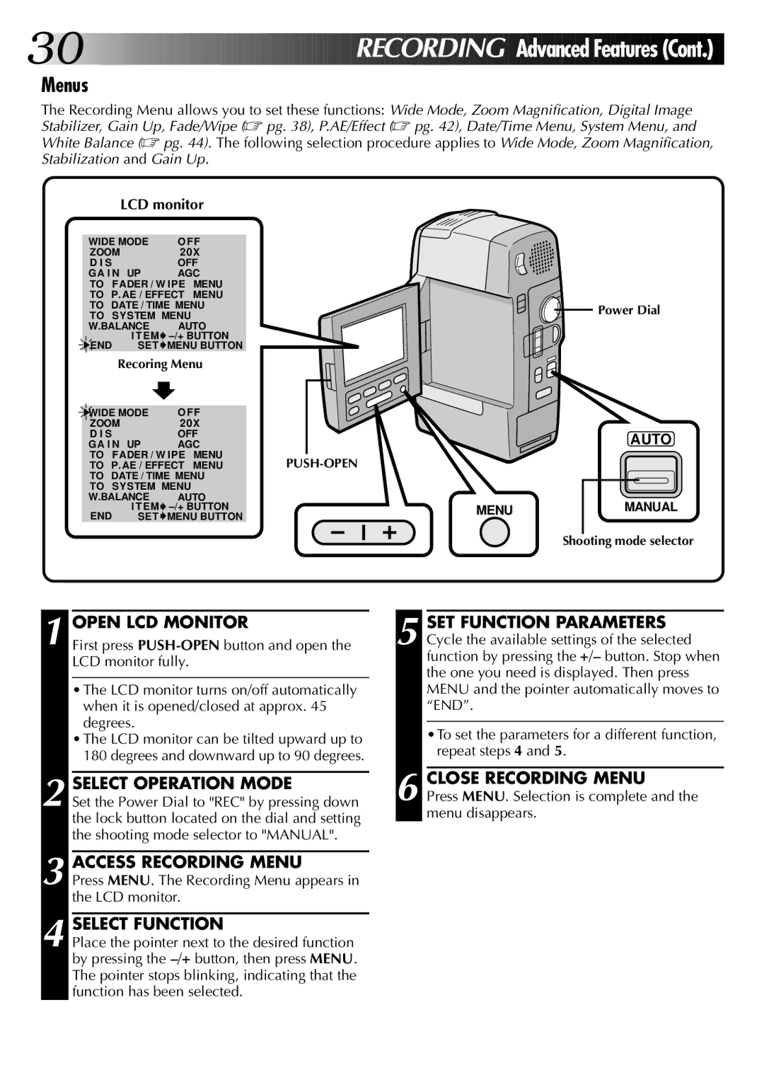 JVC GR-DVM1 manual Menus, Select Function, Close Recording Menu, Press MENU. The Recording Menu appears in the LCD monitor 