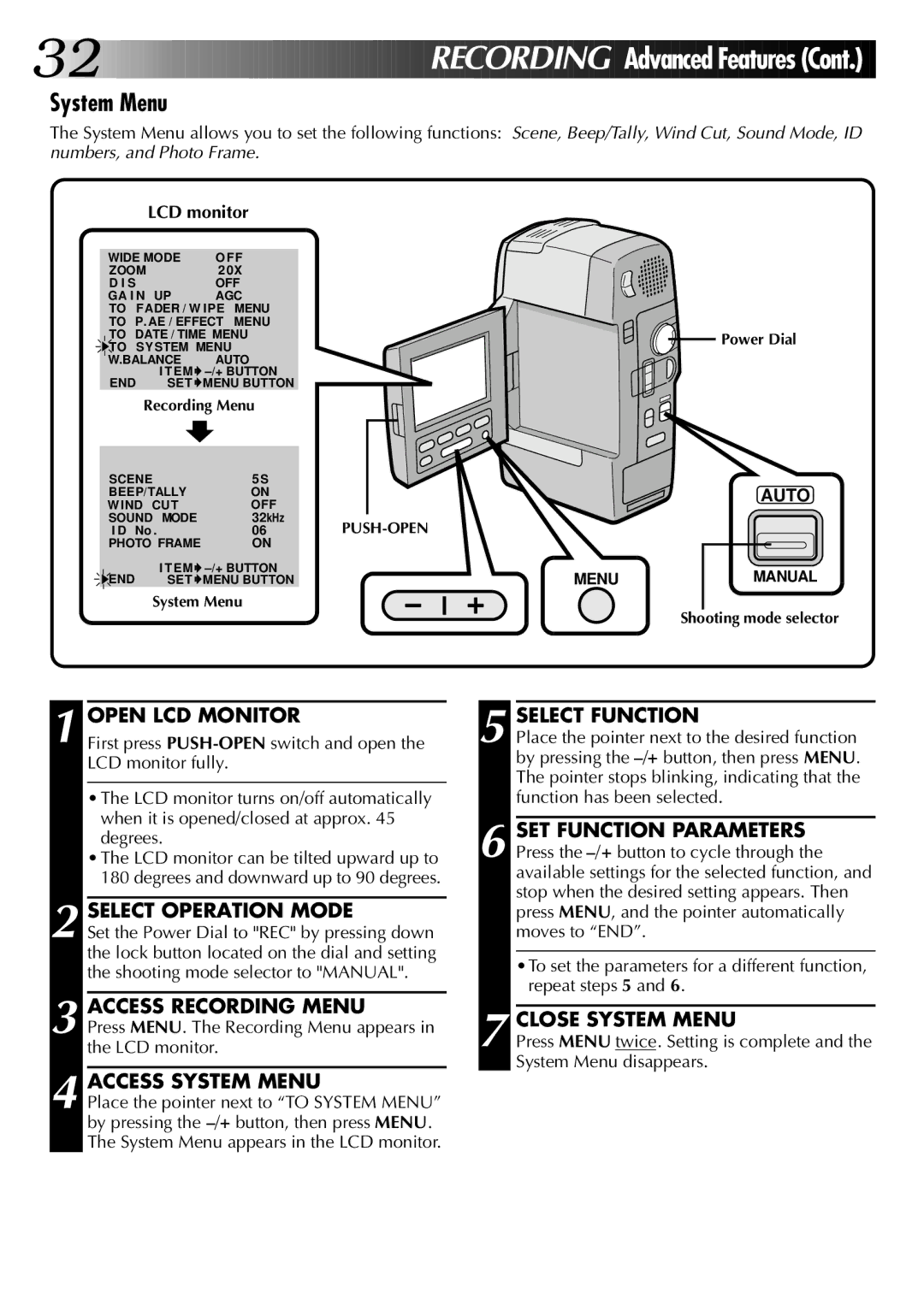 JVC GR-DVM1 manual Access System Menu, Close System Menu 