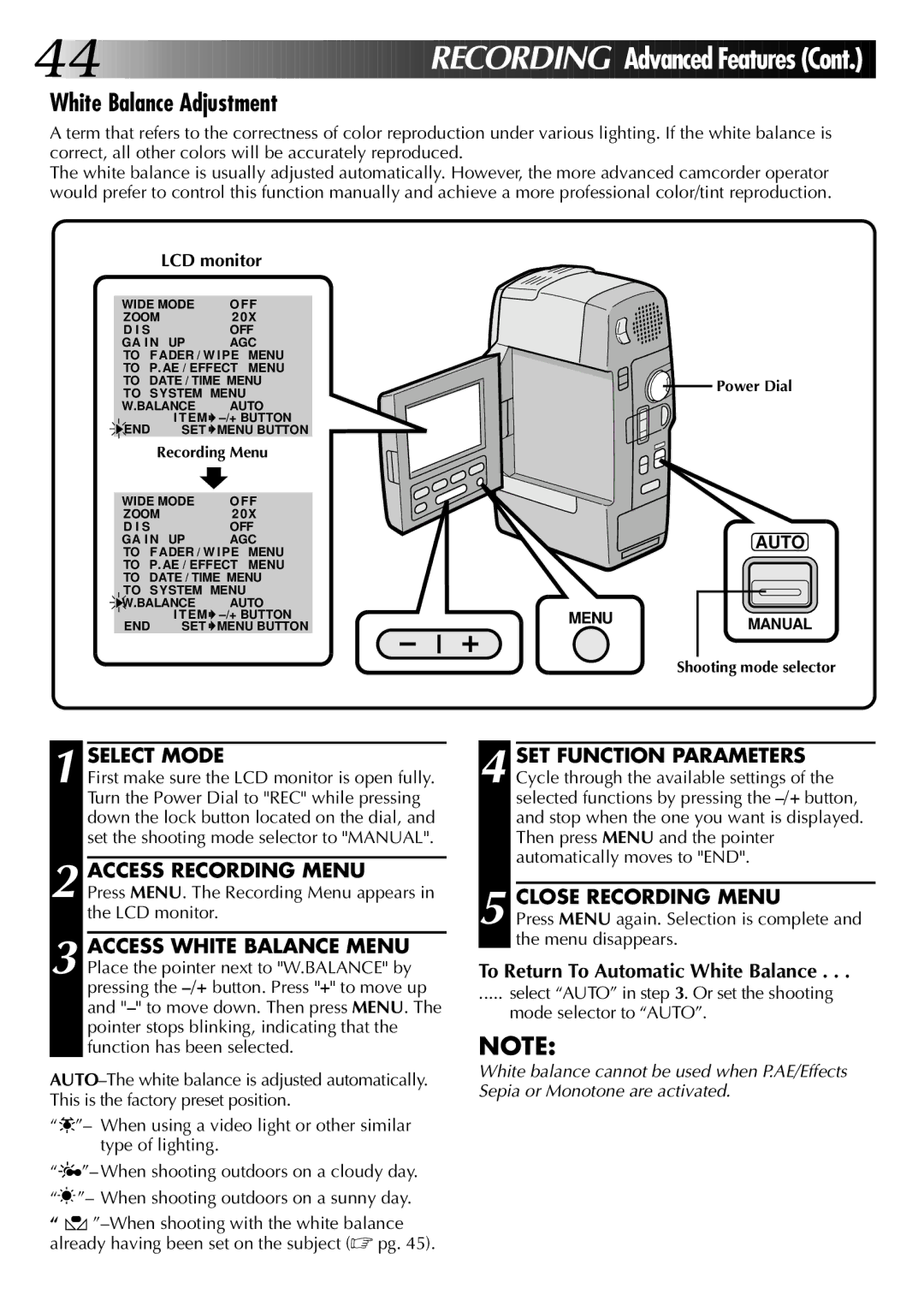 JVC GR-DVM1 manual White Balance Adjustment, To Return To Automatic White Balance 