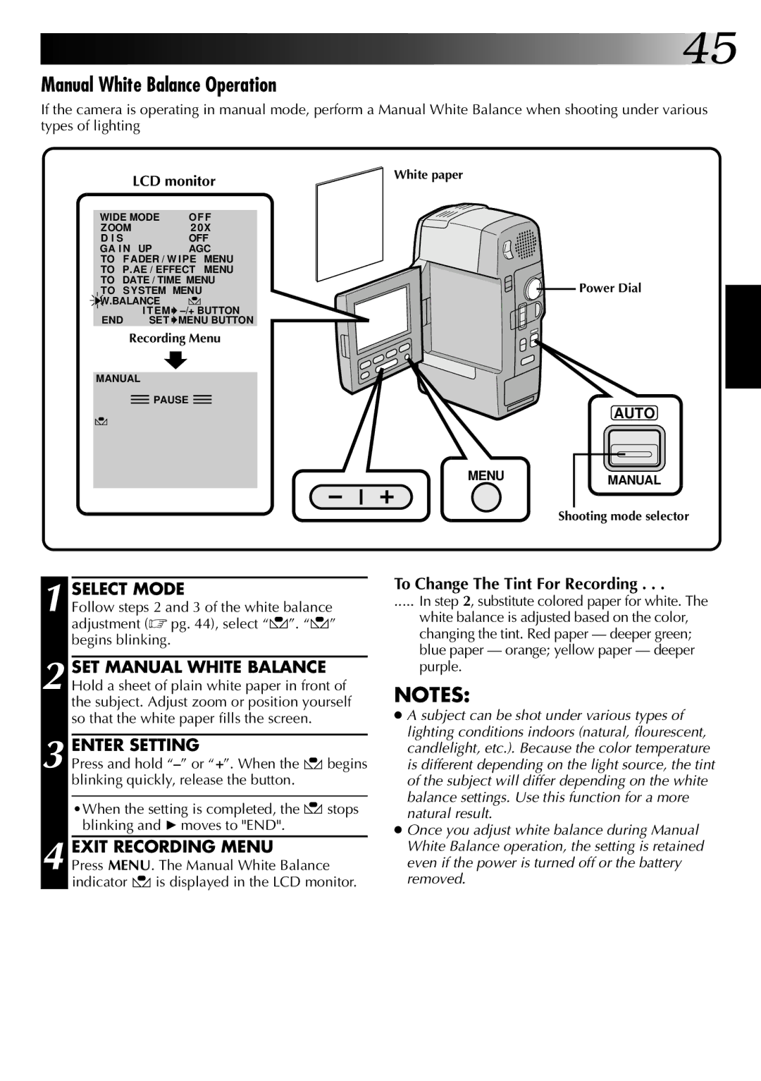 JVC GR-DVM1 manual Manual White Balance Operation, Enter Setting, Exit Recording Menu, To Change The Tint For Recording 