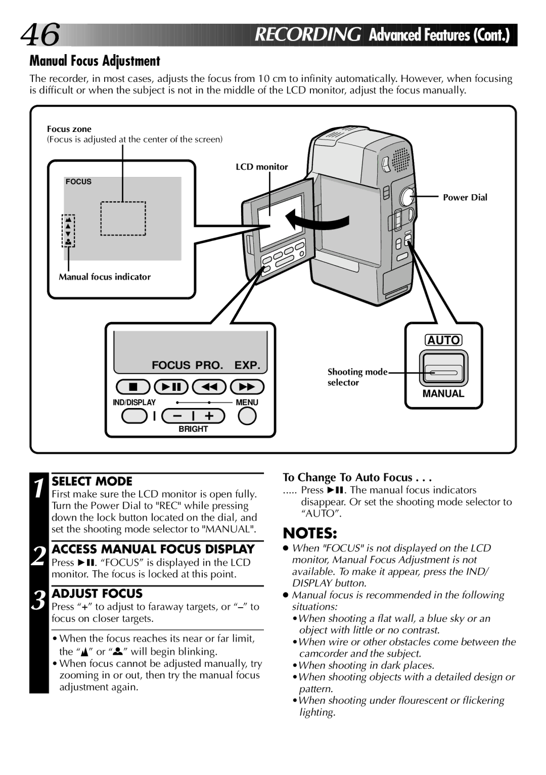 JVC GR-DVM1 manual Manual Focus Adjustment, Adjust Focus, To Change To Auto Focus 