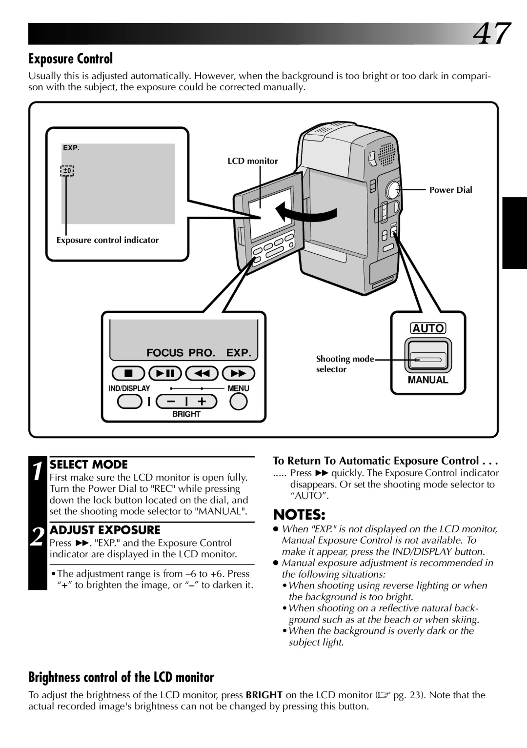 JVC GR-DVM1 manual Exposure Control, Brightness control of the LCD monitor, Adjust Exposure 