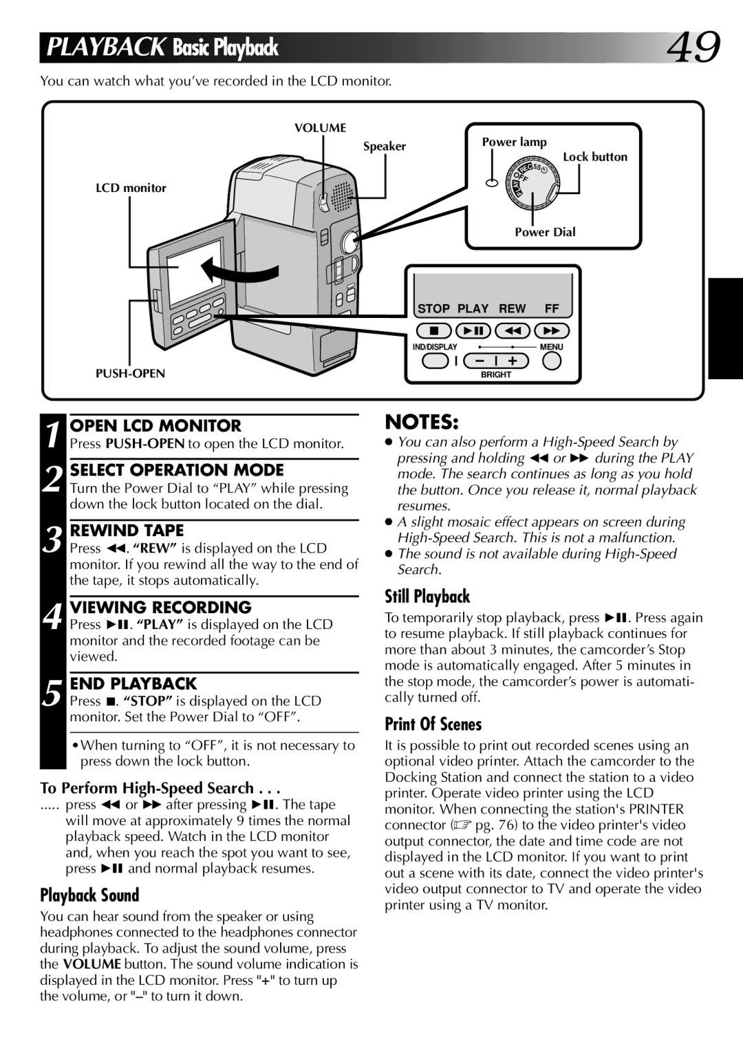 JVC GR-DVM1 manual Viewing Recording, END Playback, To Perform High-Speed Search, Press PUSH-OPENto open the LCD monitor 