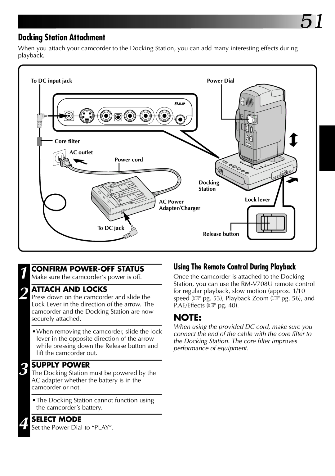 JVC GR-DVM1 manual Docking Station Attachment, Attach and Locks, Using The Remote Control During Playback 