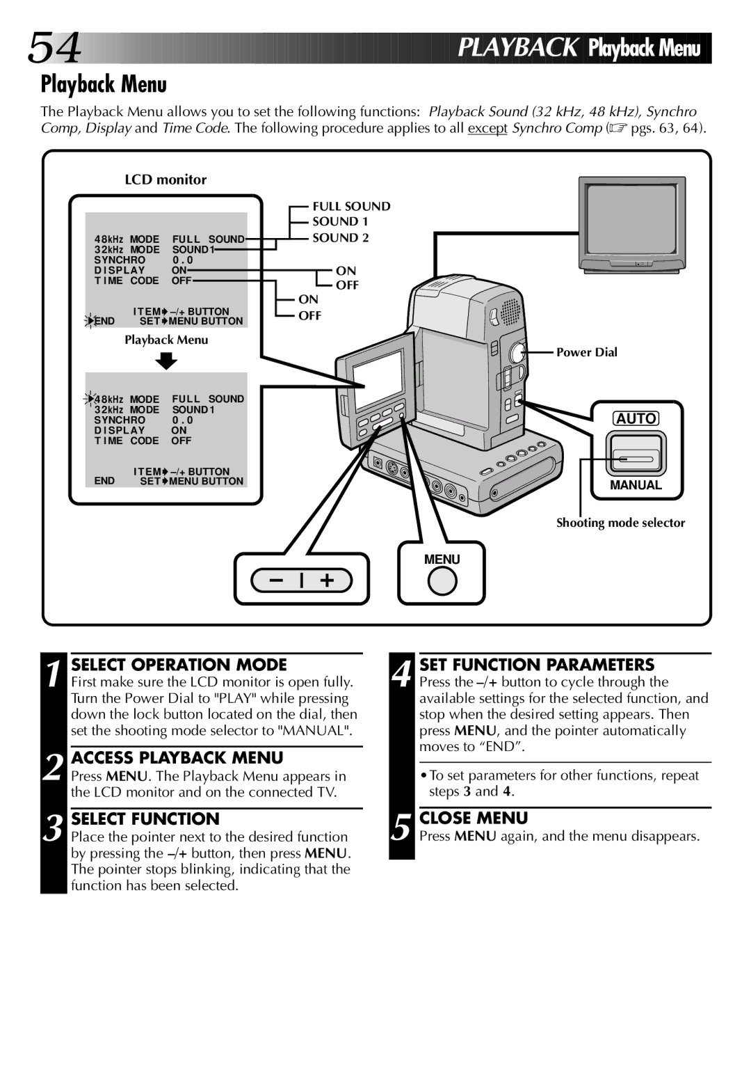 JVC GR-DVM1 manual Access Playback Menu, To set parameters for other functions, repeat steps 3 