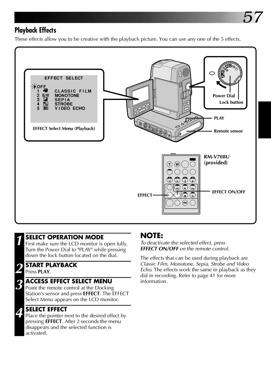 JVC GR-DVM1 manual Playback Effects, Press Play, RM-V708U, Provided 