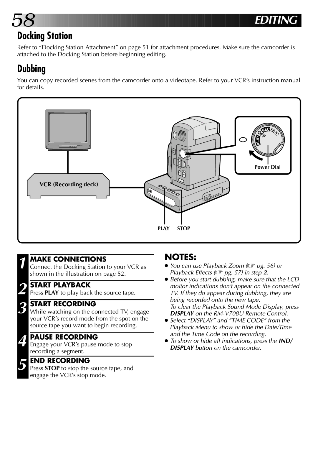 JVC GR-DVM1 manual Docking Station, Dubbing, Make Connections, Pause Recording, VCR Recording deck 