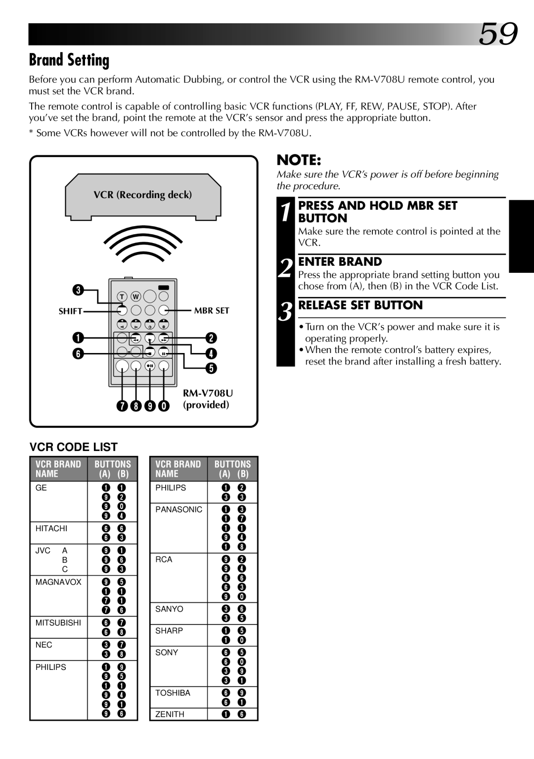 JVC GR-DVM1 manual Brand Setting, Press and Hold MBR SET Button, Enter Brand, Release SET Button, RM-V708U 7 8 9 ` provided 