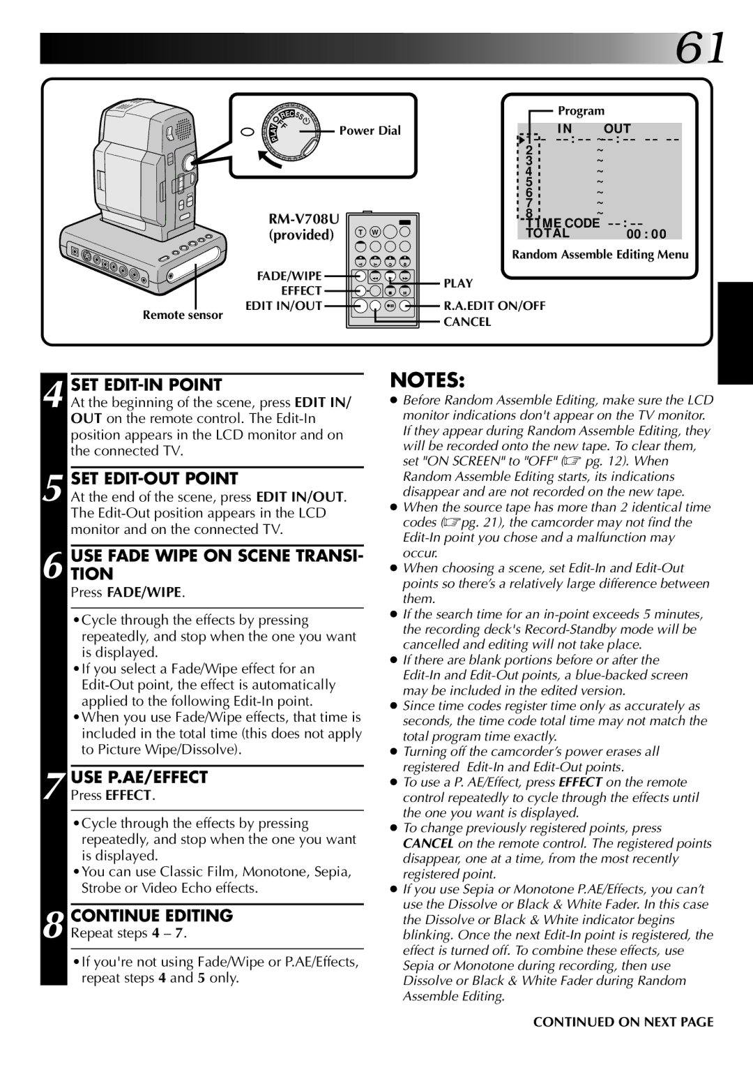 JVC GR-DVM1 manual SET EDIT-IN Point, SET EDIT-OUT Point, USE Fade Wipe on Scene TRANSI- Tion, Use P.Ae/Effect 