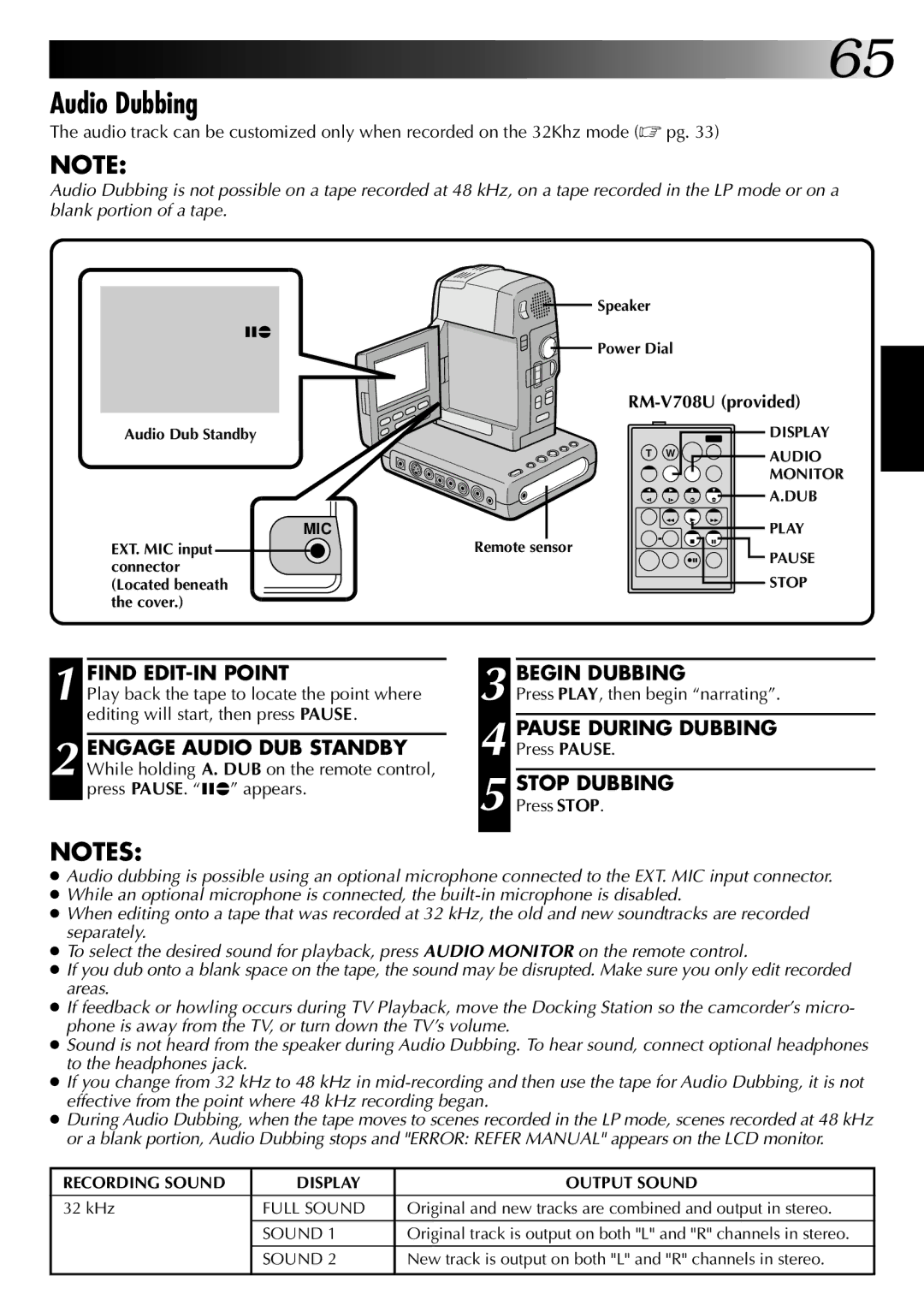 JVC GR-DVM1 manual Audio Dubbing, Find EDIT-IN Point, Begin Dubbing, Pause During Dubbing, Stop Dubbing 