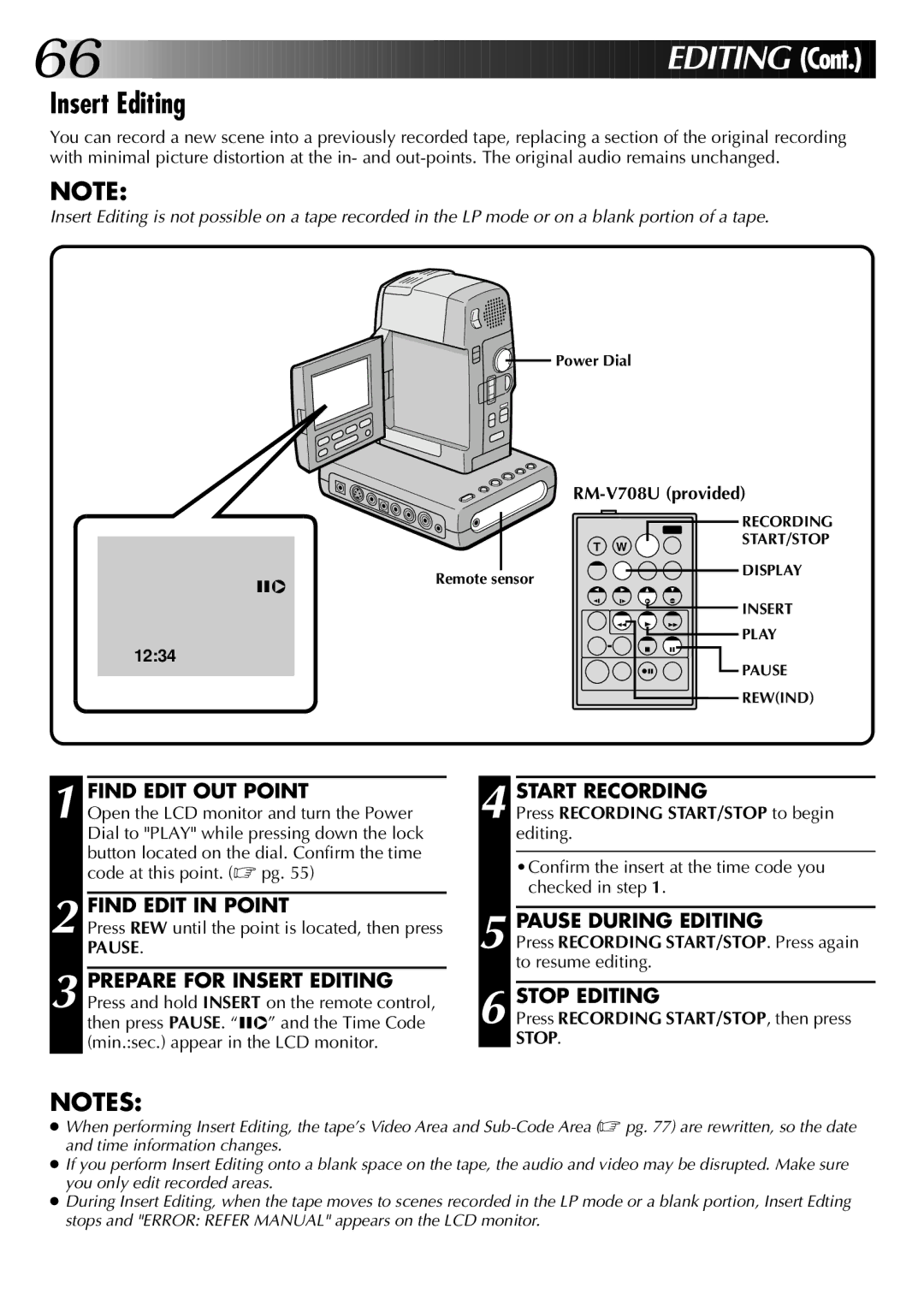 JVC GR-DVM1 manual Insert Editing, Find Edit OUT Point, Find Edit in Point, Pause During Editing 