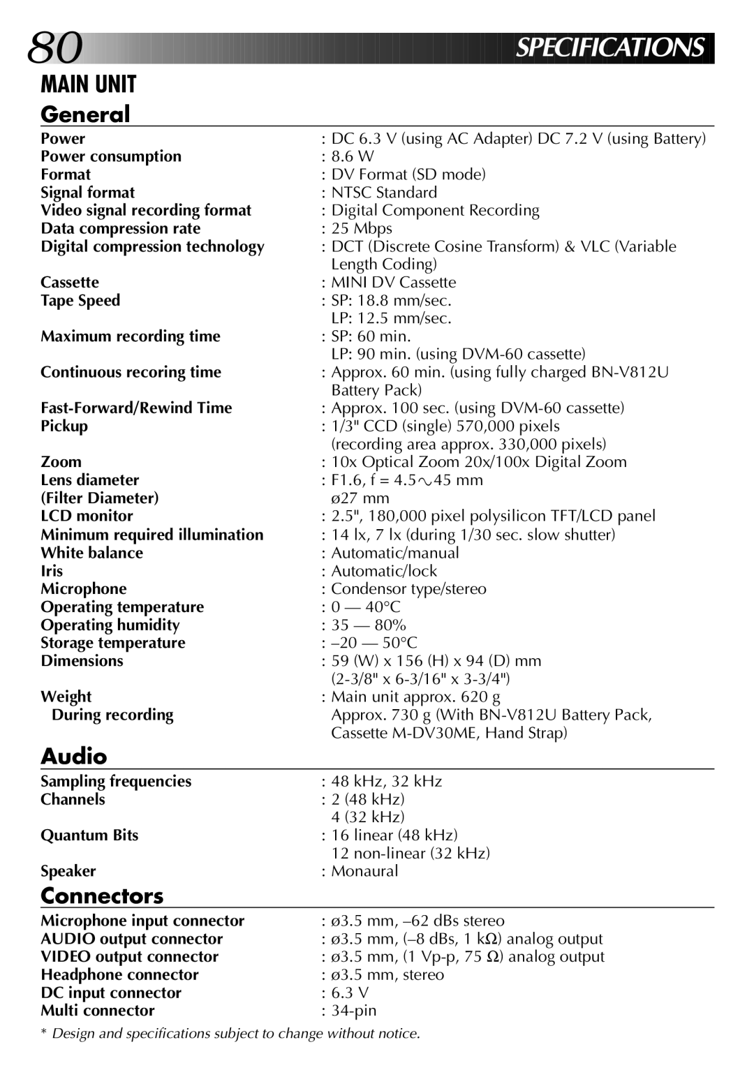 JVC GR-DVM1 Power consumption Format, Signal format, Video signal recording format, Data compression rate, Cassette 