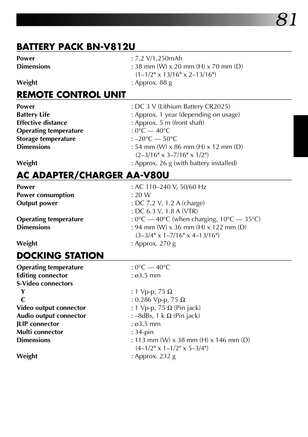 JVC GR-DVM1 manual Battery Life, Effective distance, Power consumption, Output power, Editing connector, Video connectors 