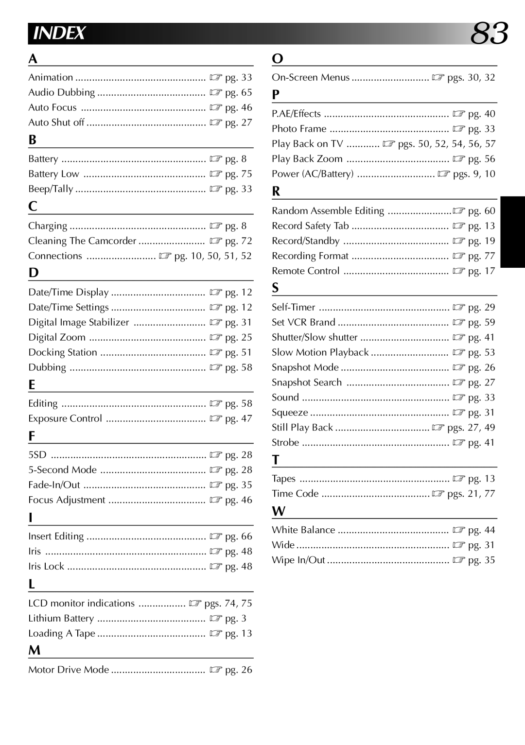 JVC GR-DVM1 Connections Pg , 50, 51, On-Screen Menus ............................ pgs, Play Back on TV Pgs , 52, 54, 56 