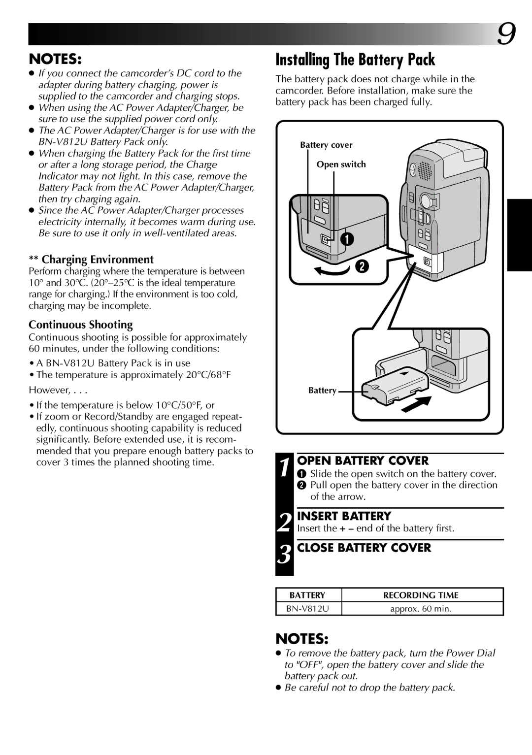 JVC GR-DVM1 manual Installing The Battery Pack, Open Battery Cover, Insert Battery, Close Battery Cover 