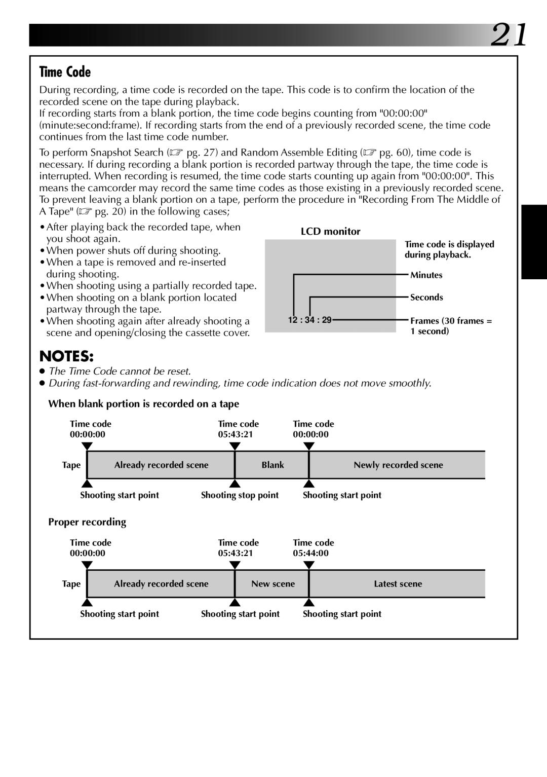 JVC GR-DVM1DU manual Time Code, During shooting, Partway through the tape, When blank portion is recorded on a tape 