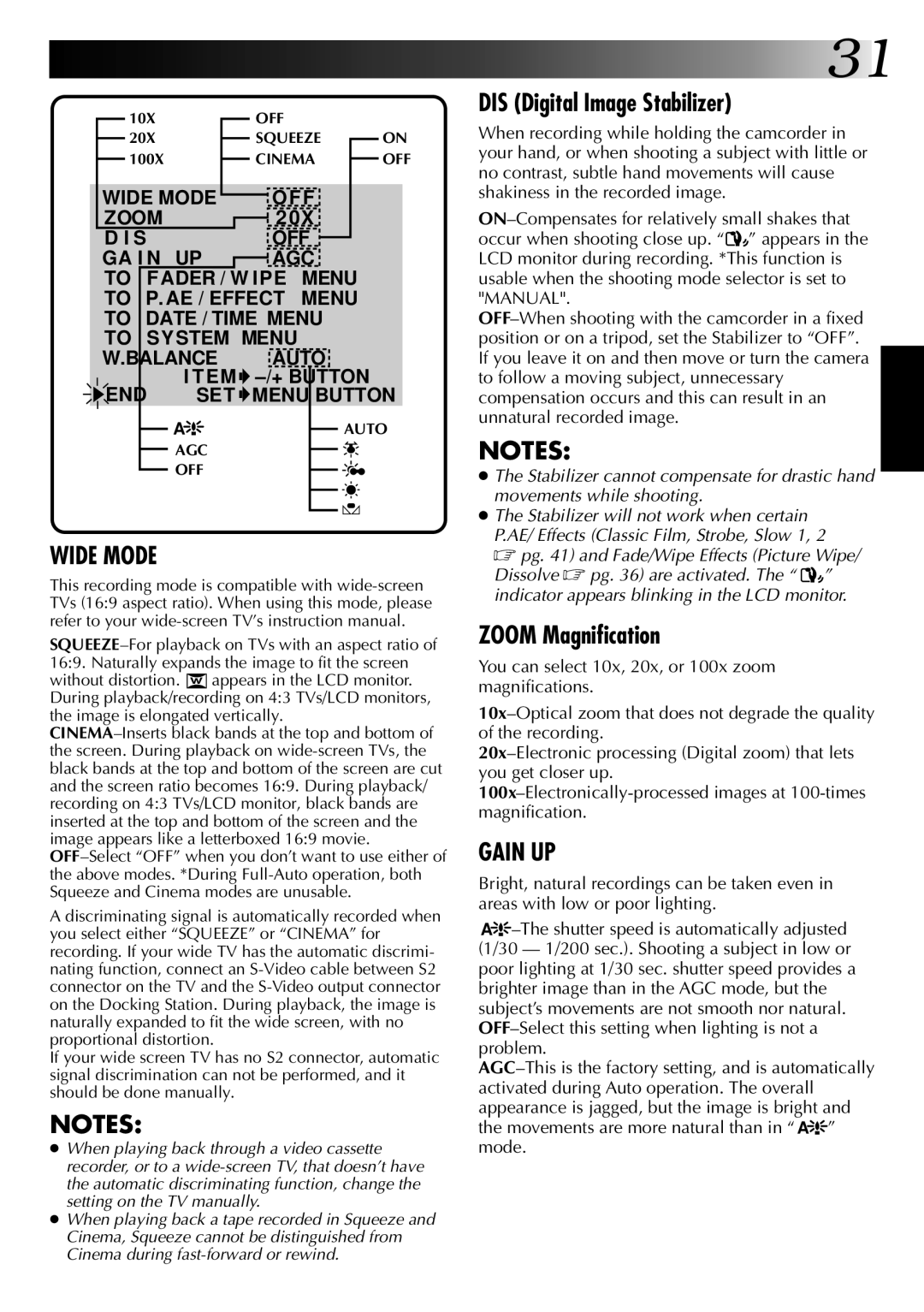 JVC GR-DVM1DU manual DIS Digital Image Stabilizer, Zoom Magnification 