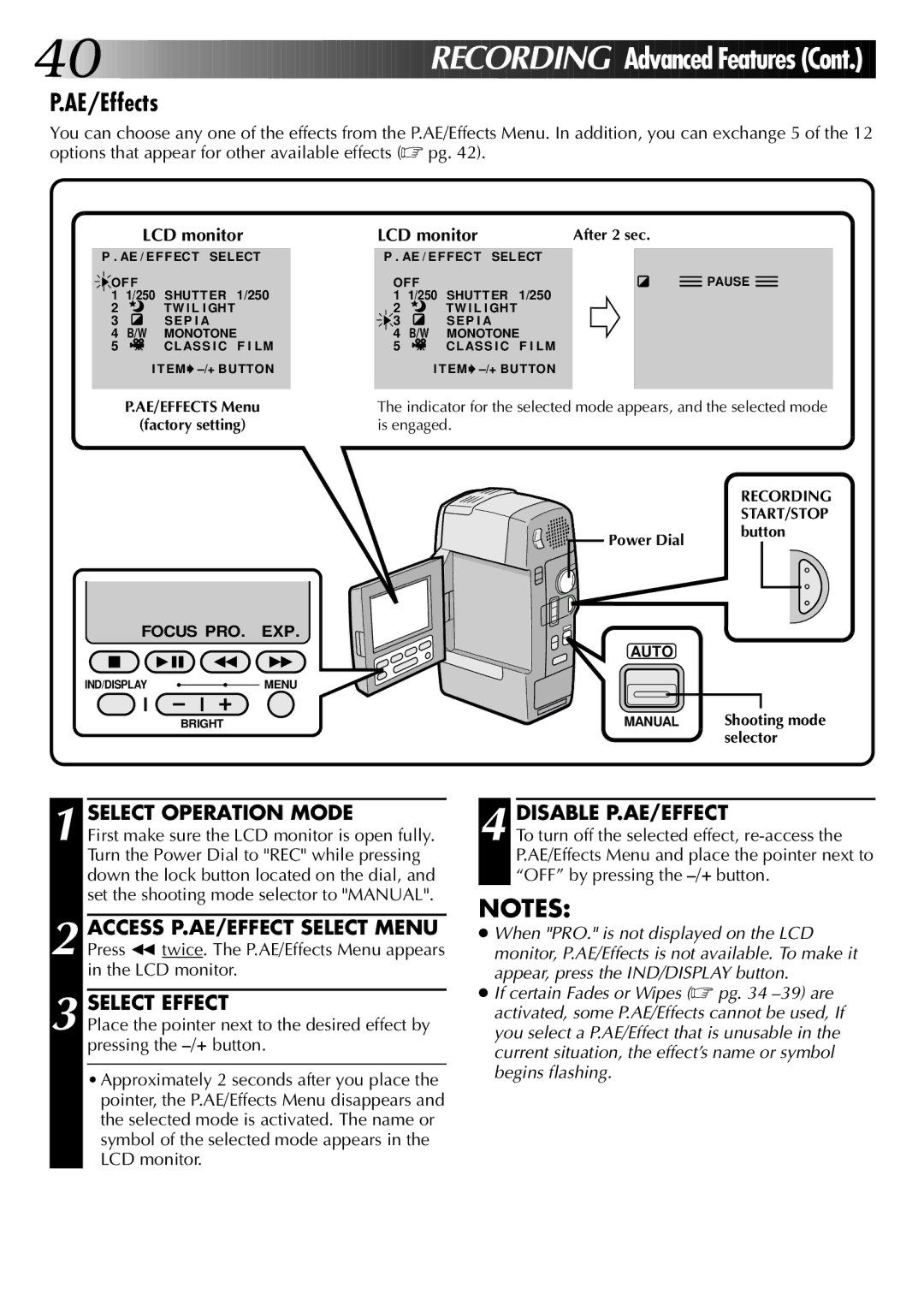 JVC GR-DVM1DU manual AE/Effects, Disable P.AE/EFFECT 