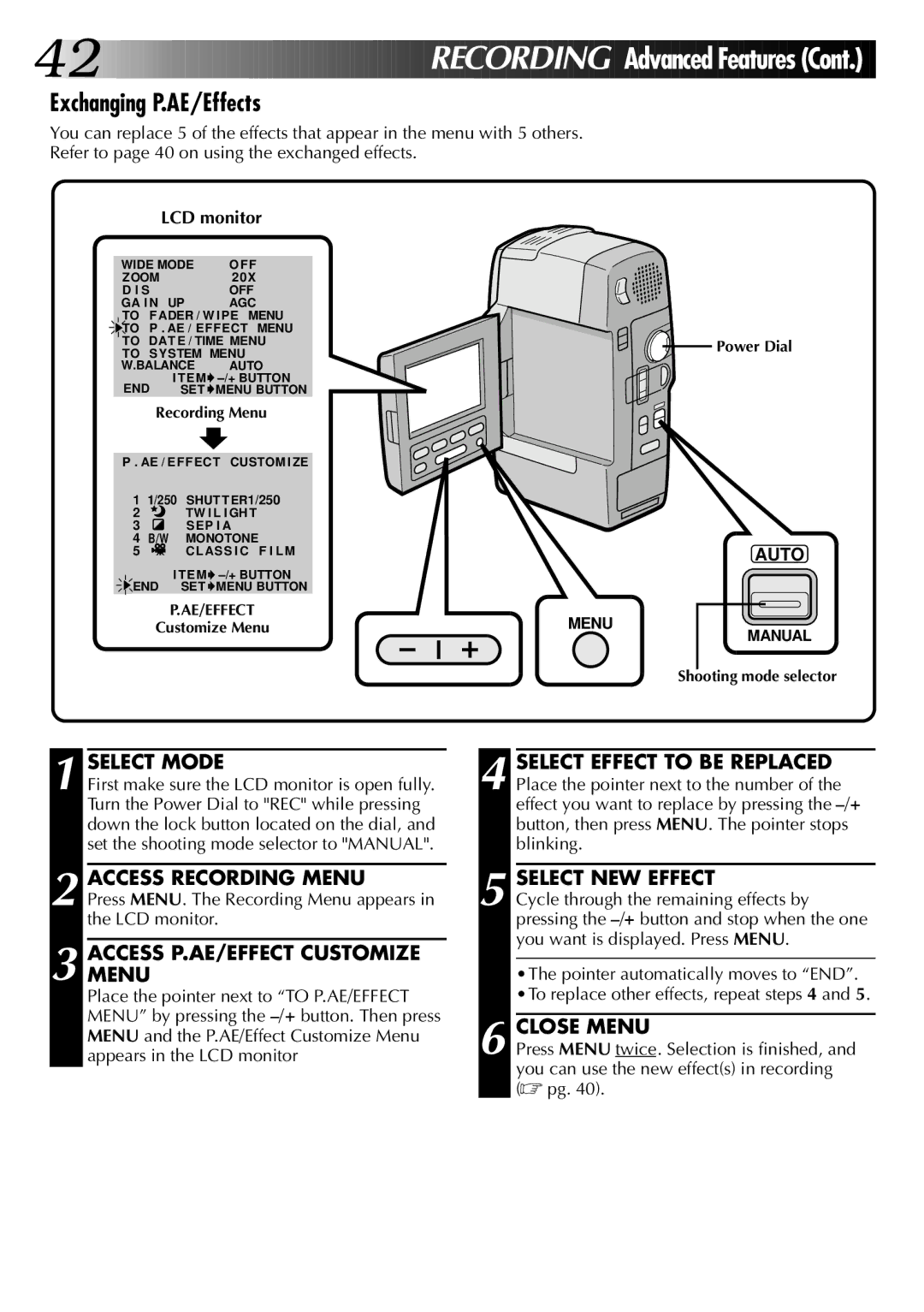 JVC GR-DVM1DU manual Exchanging P.AE/Effects, Accessmenu P.AE/EFFECT Customize 