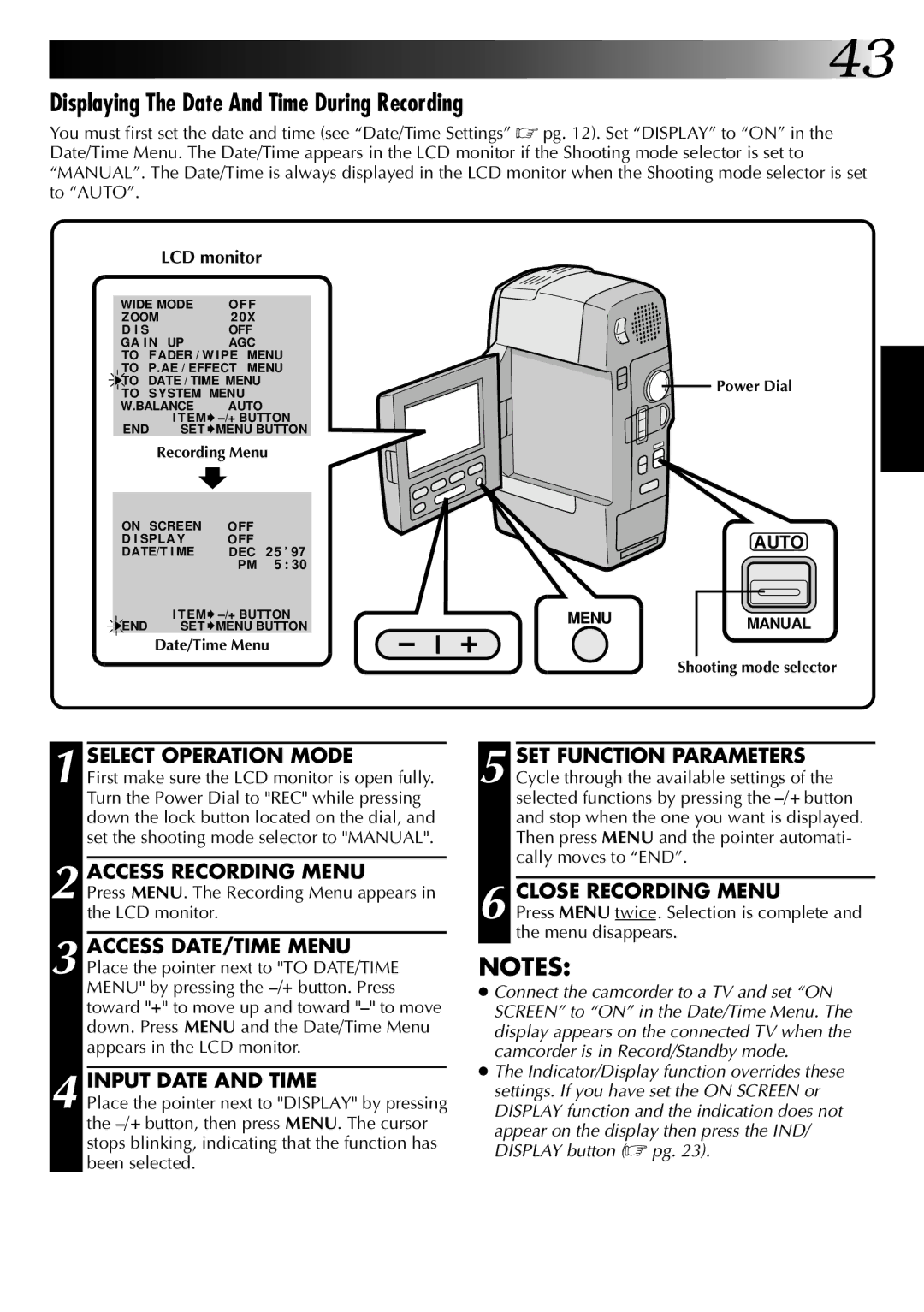 JVC GR-DVM1DU manual Displaying The Date And Time During Recording, Select Operation Mode 