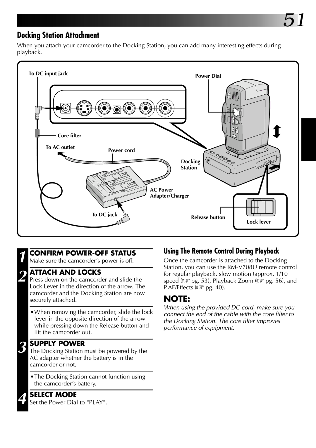 JVC GR-DVM1DU manual Docking Station Attachment, Confirm POWER-OFF Status, Attach and Locks 