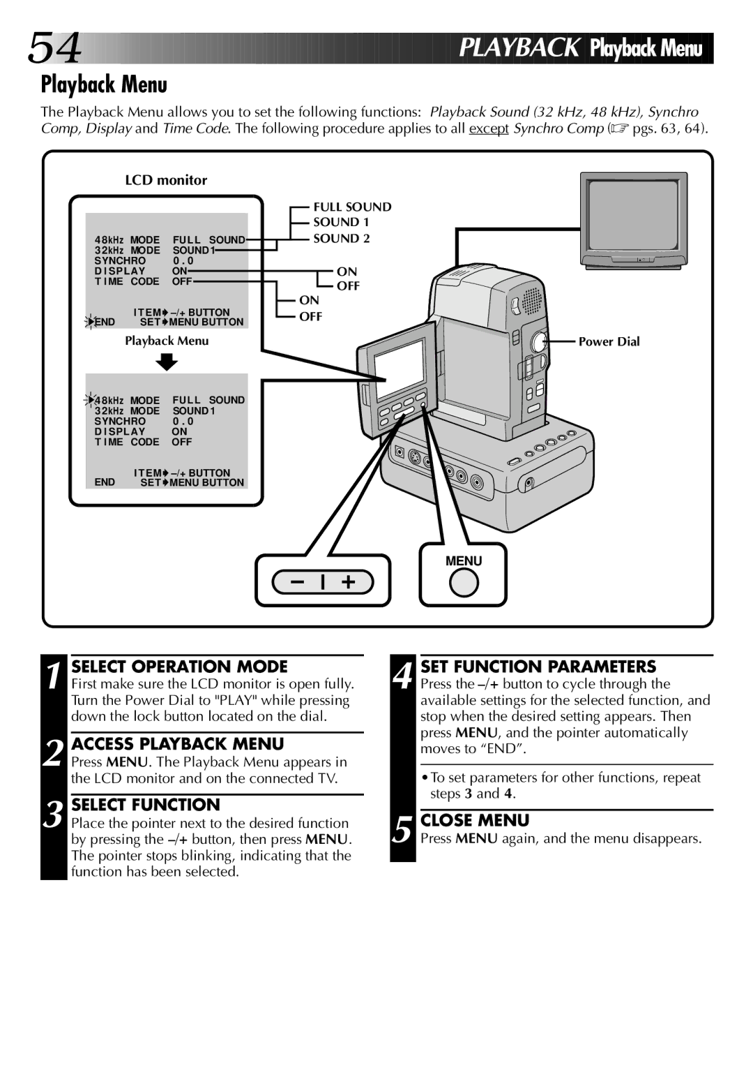 JVC GR-DVM1DU manual Access Playback Menu, To set parameters for other functions, repeat steps 3 