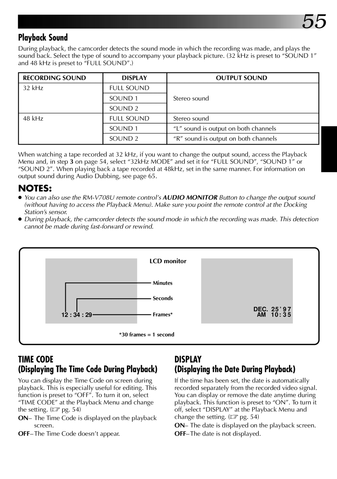 JVC GR-DVM1DU manual Playback Sound, Displaying the Date During Playback, Displaying The Time Code During Playback 