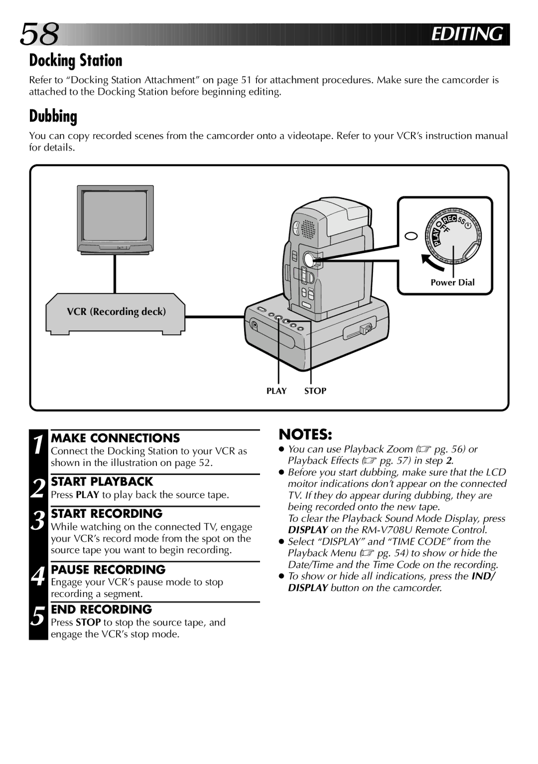 JVC GR-DVM1DU manual Docking Station, Dubbing, Make Connections, Pause Recording, VCR Recording deck 