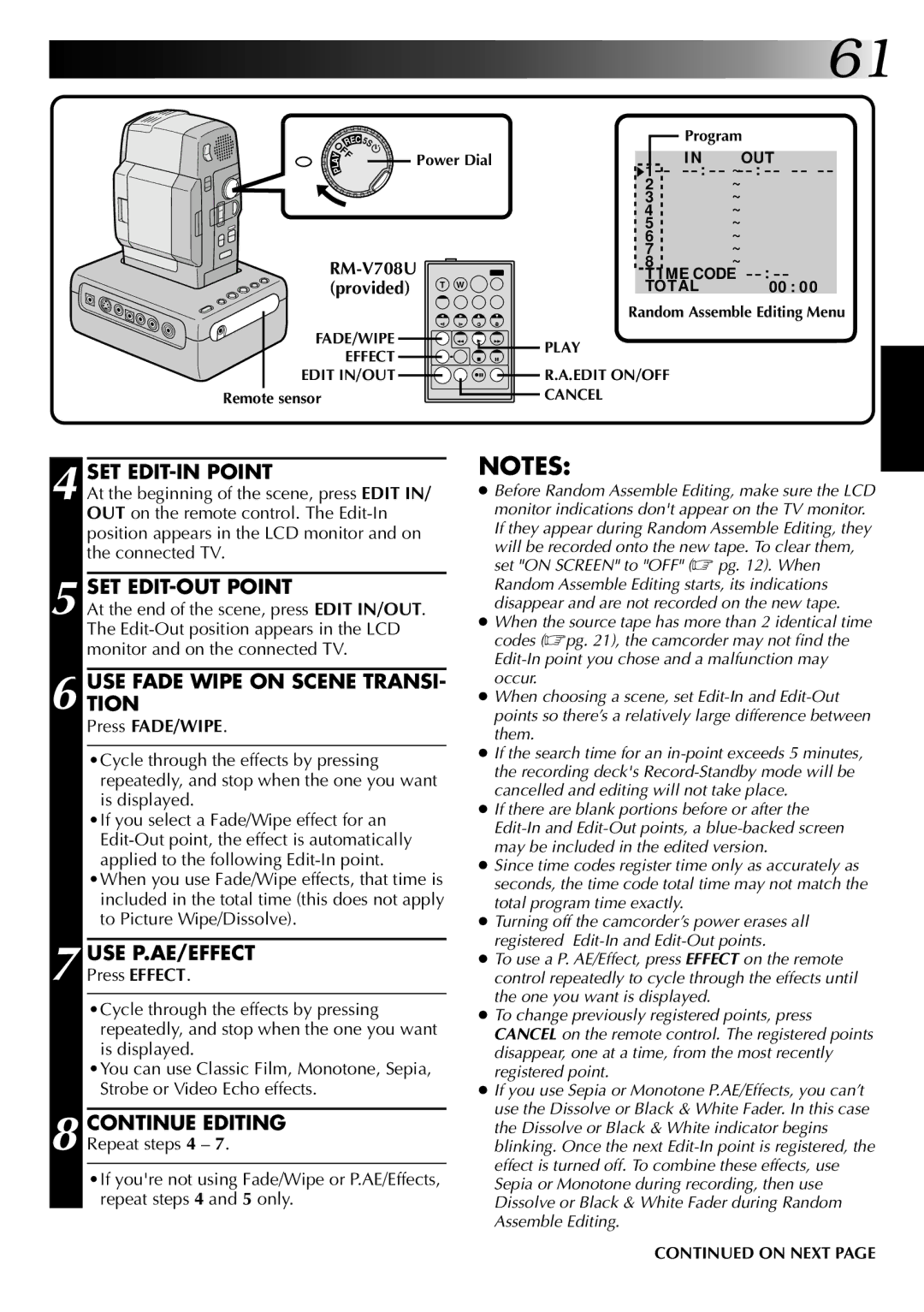 JVC GR-DVM1DU manual SET EDIT-IN Point, SET EDIT-OUT Point, USE Fade Wipe on Scene TRANSI- Tion, Use P.Ae/Effect 