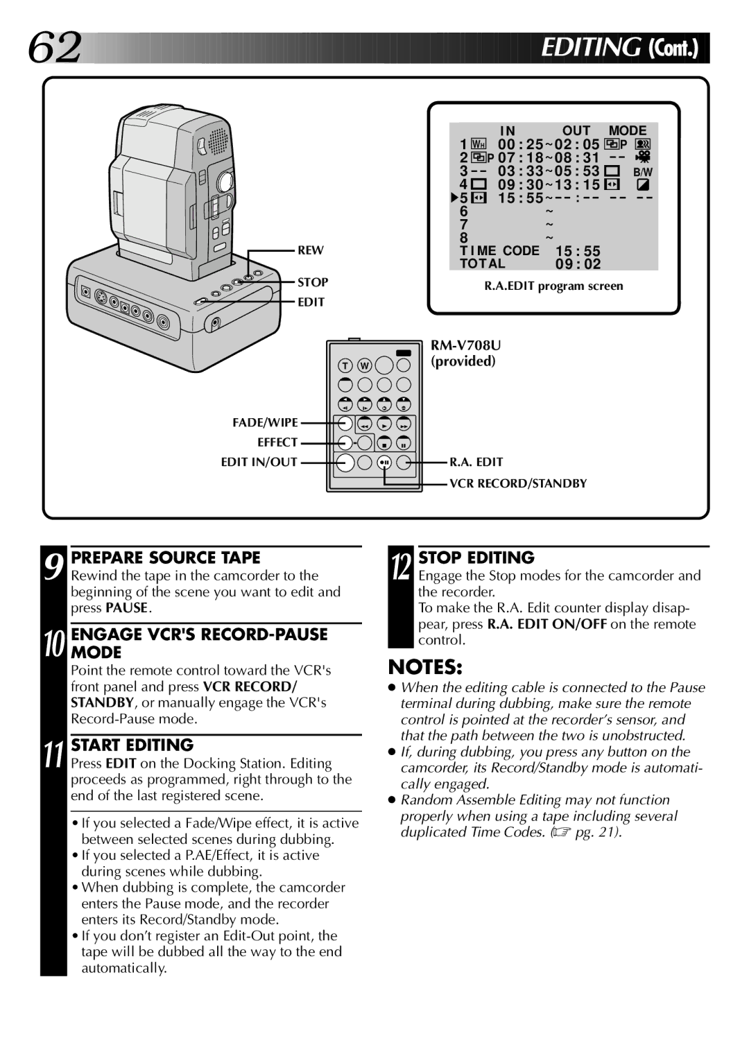 JVC GR-DVM1DU manual Engagemode Vcrs RECORD-PAUSE, Start Editing, Stop Editing 