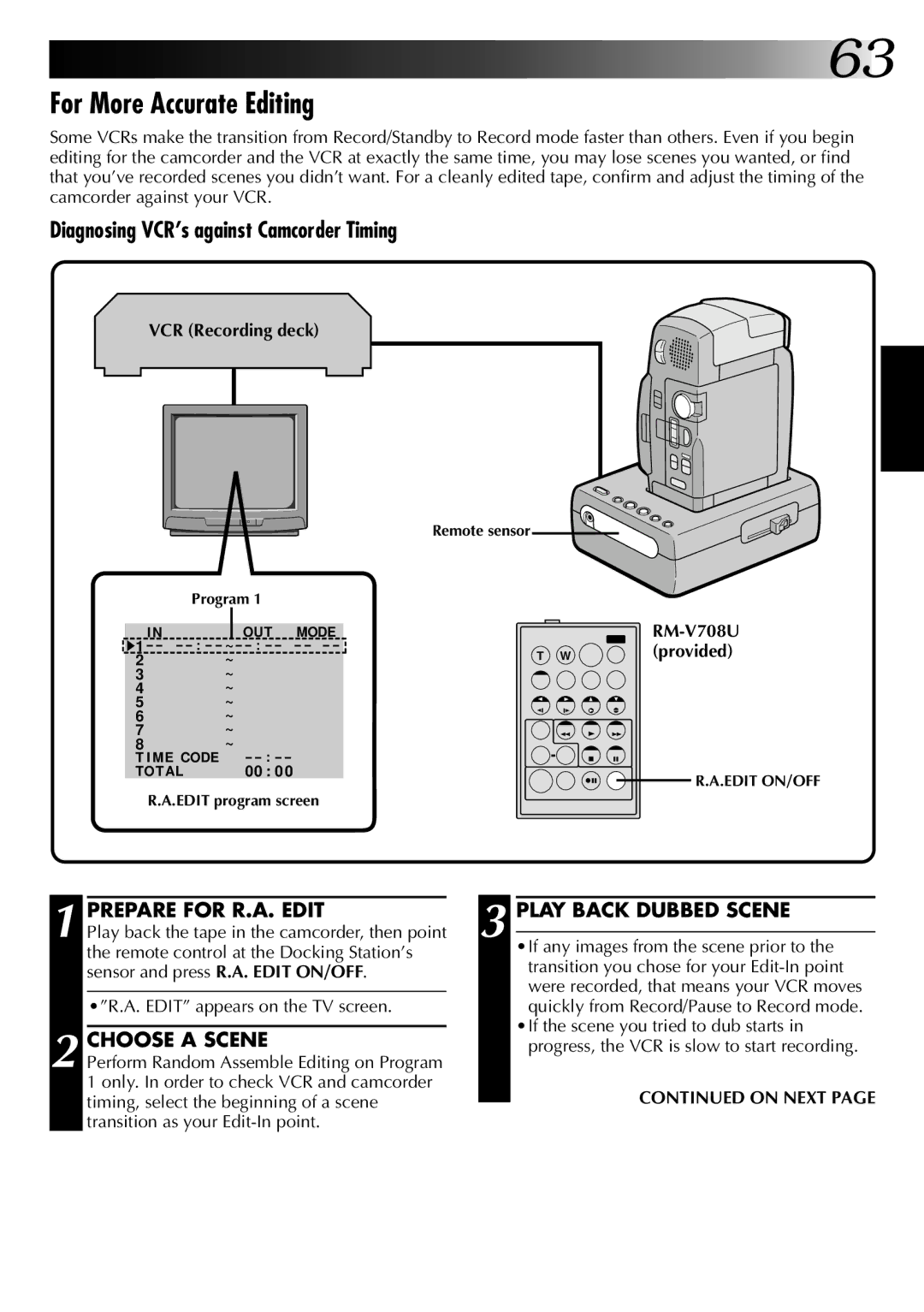 JVC GR-DVM1DU manual For More Accurate Editing, Prepare for R.A. Edit Play Back Dubbed Scene, Choose a Scene, RM-V708U 