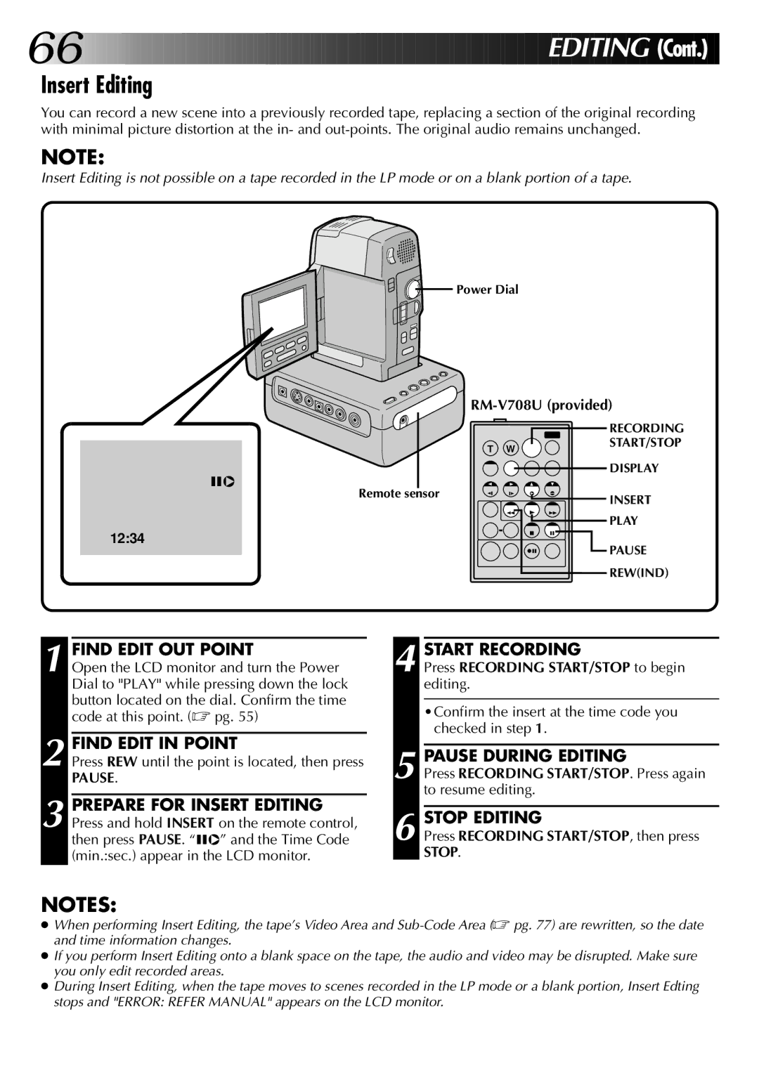 JVC GR-DVM1DU manual Insert Editing, Find Edit OUT Point Start Recording, Find Edit in Point Pause During Editing 