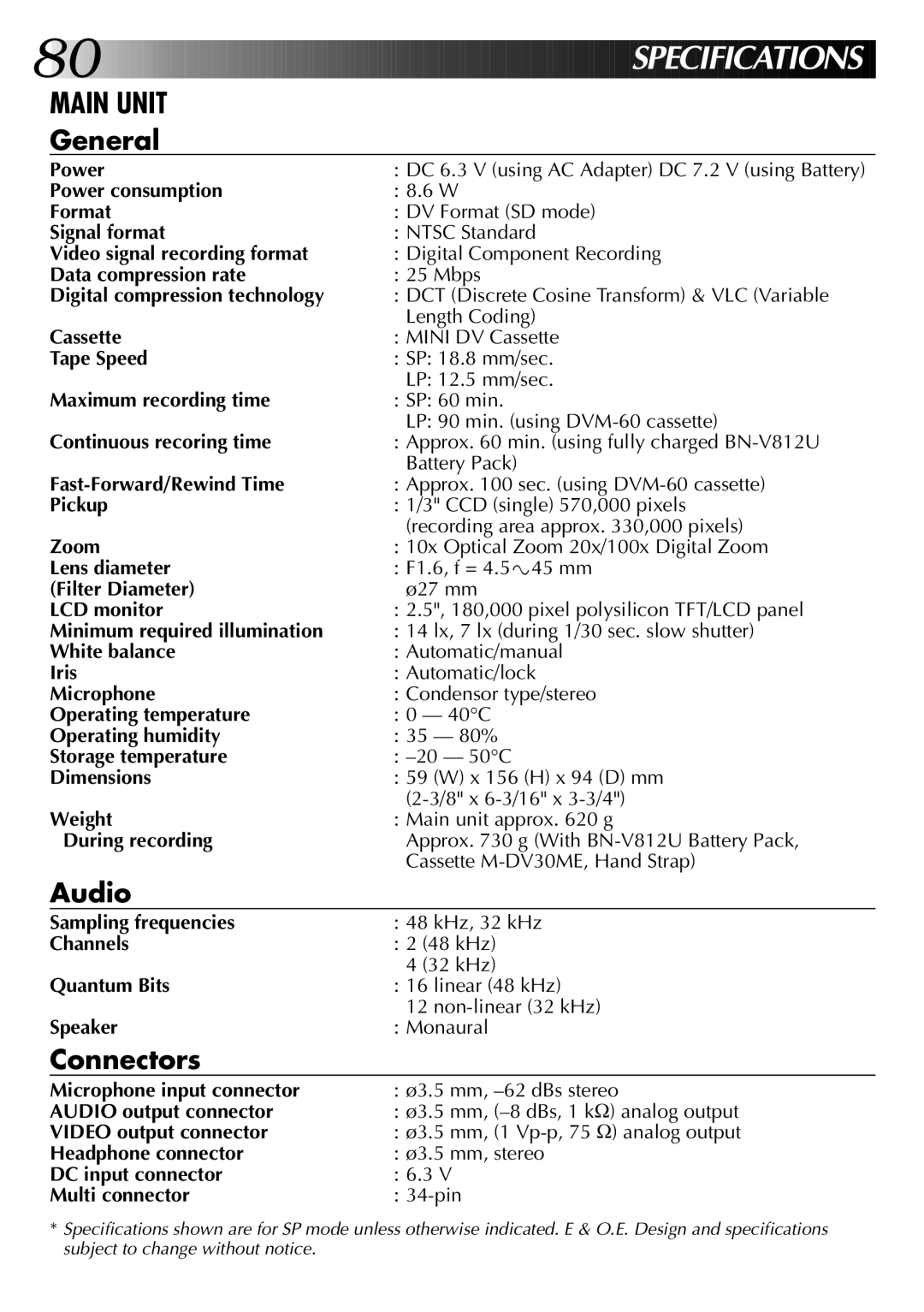 JVC GR-DVM1DU Power consumption Format, Signal format, Video signal recording format, Data compression rate, Cassette 