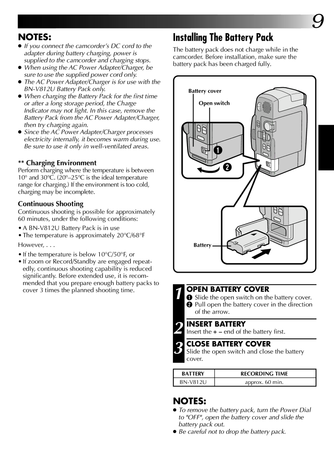 JVC GR-DVM1DU manual Installing The Battery Pack, Open Battery Cover, Insert Battery, Close Battery Cover 