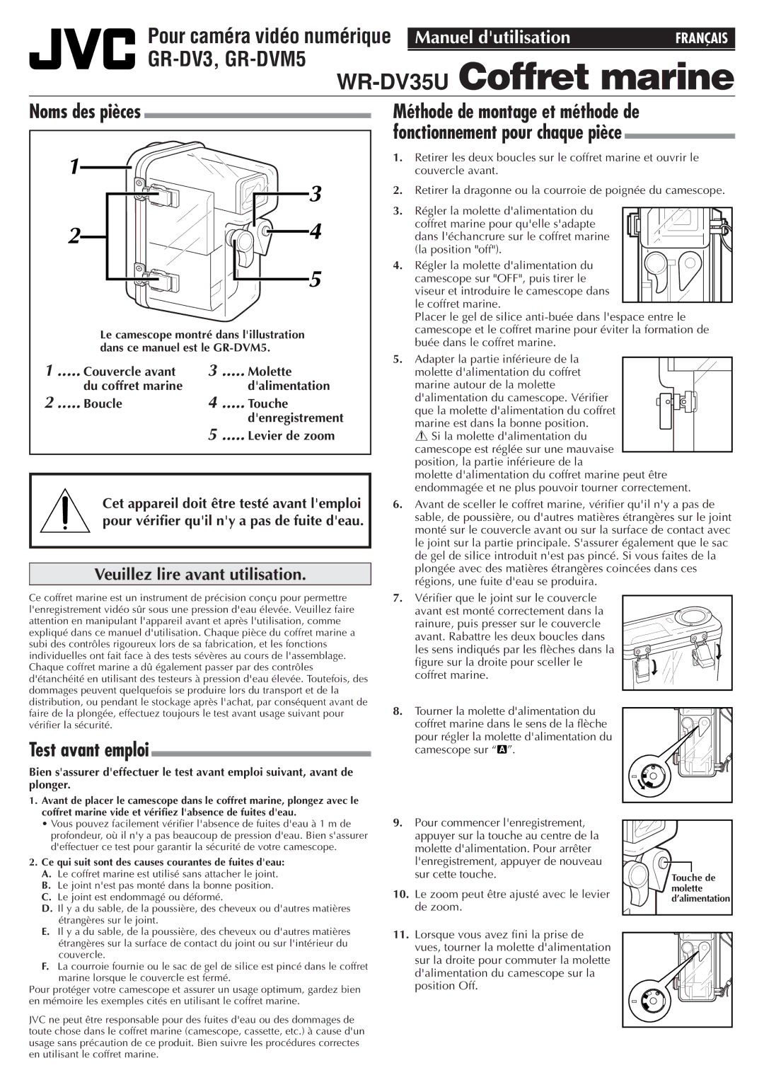 JVC GR-DV3, GR-DVM5 user manual Coffret marine, Test avant emploi, Veuillez lire avant utilisation, Levier de zoom 