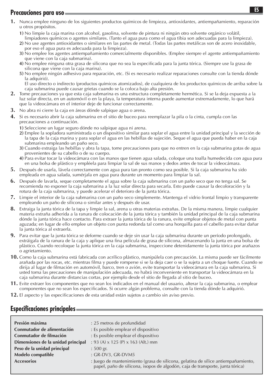 JVC GR-DVM5 Presión máxima, Conmutador de alimentación, Conmutador de filmación, Peso de la unidad principal, Accesorios 