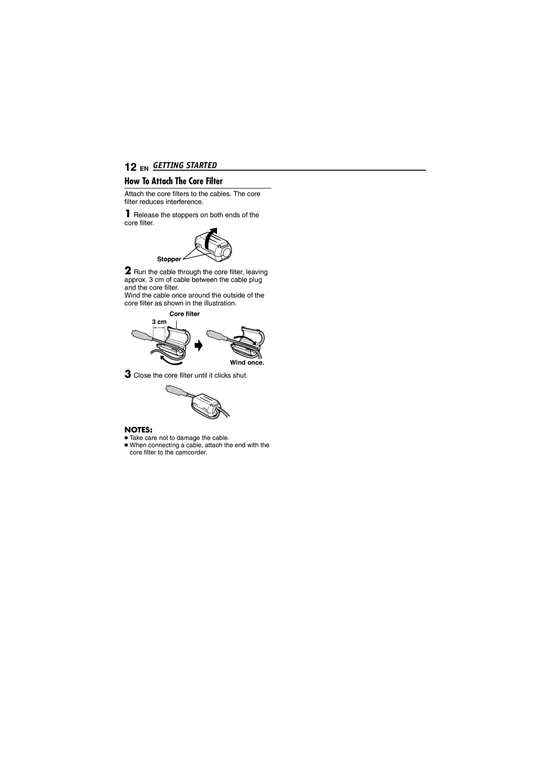 JVC GR-DVM5 How To Attach The Core Filter, Close the core filter until it clicks shut, Stopper, Core filter Wind once 